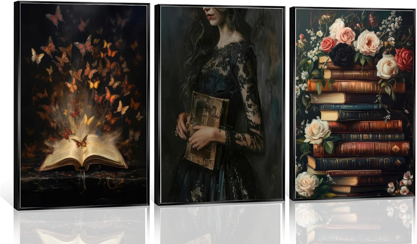 3Pcs Victorian Reading Wall Art Vintage Floral and Book Reading Posters a Mysterious Woman and Butterfly Wall Decoration a Dark Academic Aesthetic Canvas Painting Prints for Bedroom or Study Decor (Unframed)