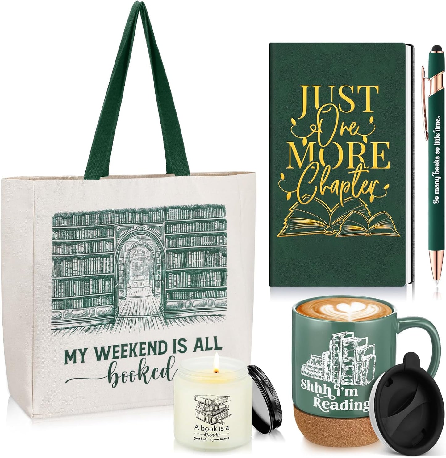Moinchore Set of 5 Book Lovers Gifts for Reader Canvas Tote Bag Journal Notebook and Ballpoint Pen Ceramic Coffee Mug with Cork Bottom Scented Candle for Teen Teacher Librarian Bookish Author (Green)