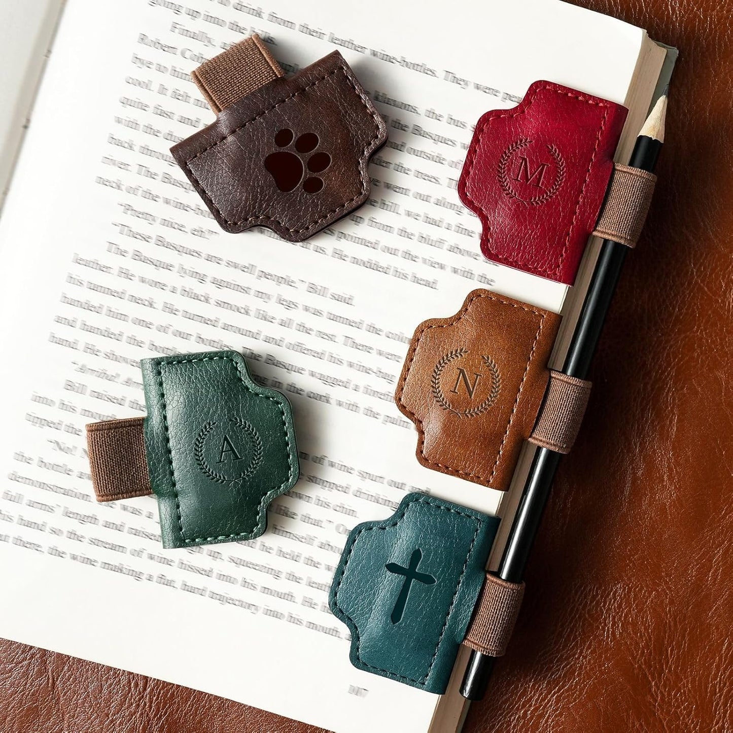 BygoneMark Magnetic Leather Bookmark with Pen Holder, Personalized Custom Initial Page Marker & Pen Clip, Professional Book Accessory for Students (Blue-Cross)