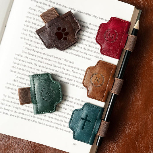 BygoneMark Magnetic Leather Bookmark with Pen Holder, Personalized Custom Initial Page Marker & Pen Clip, Professional Book Accessory for Students (Blue-Cross)