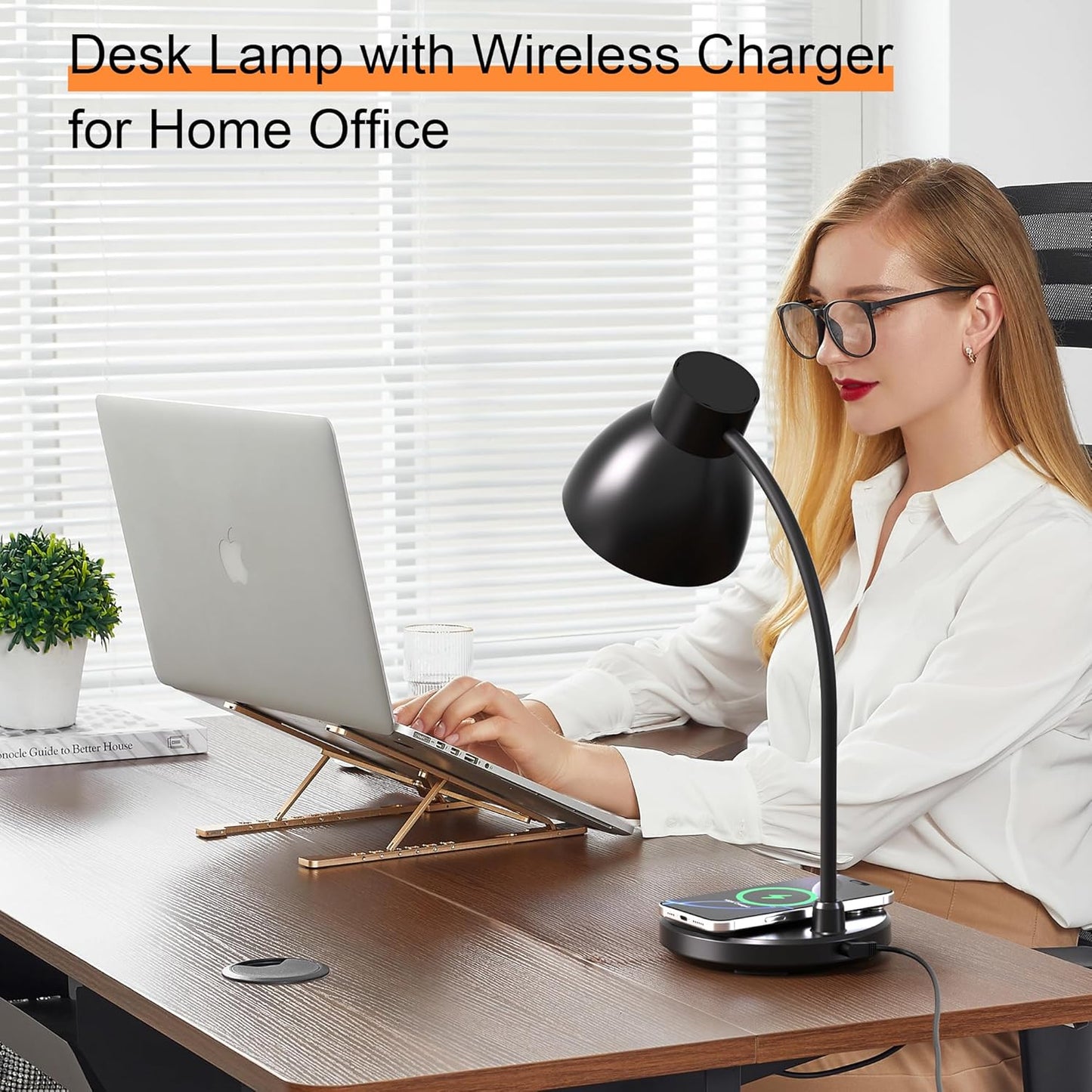 Desk Lamps for Home Office - LED Desk Lamp with Wireless Charger, 3 Color Modes Dimmable Eye-Caring Study Reading Desk Light, Small Flexible Arm Table Lamp for College Dorm Room Bedside, Black