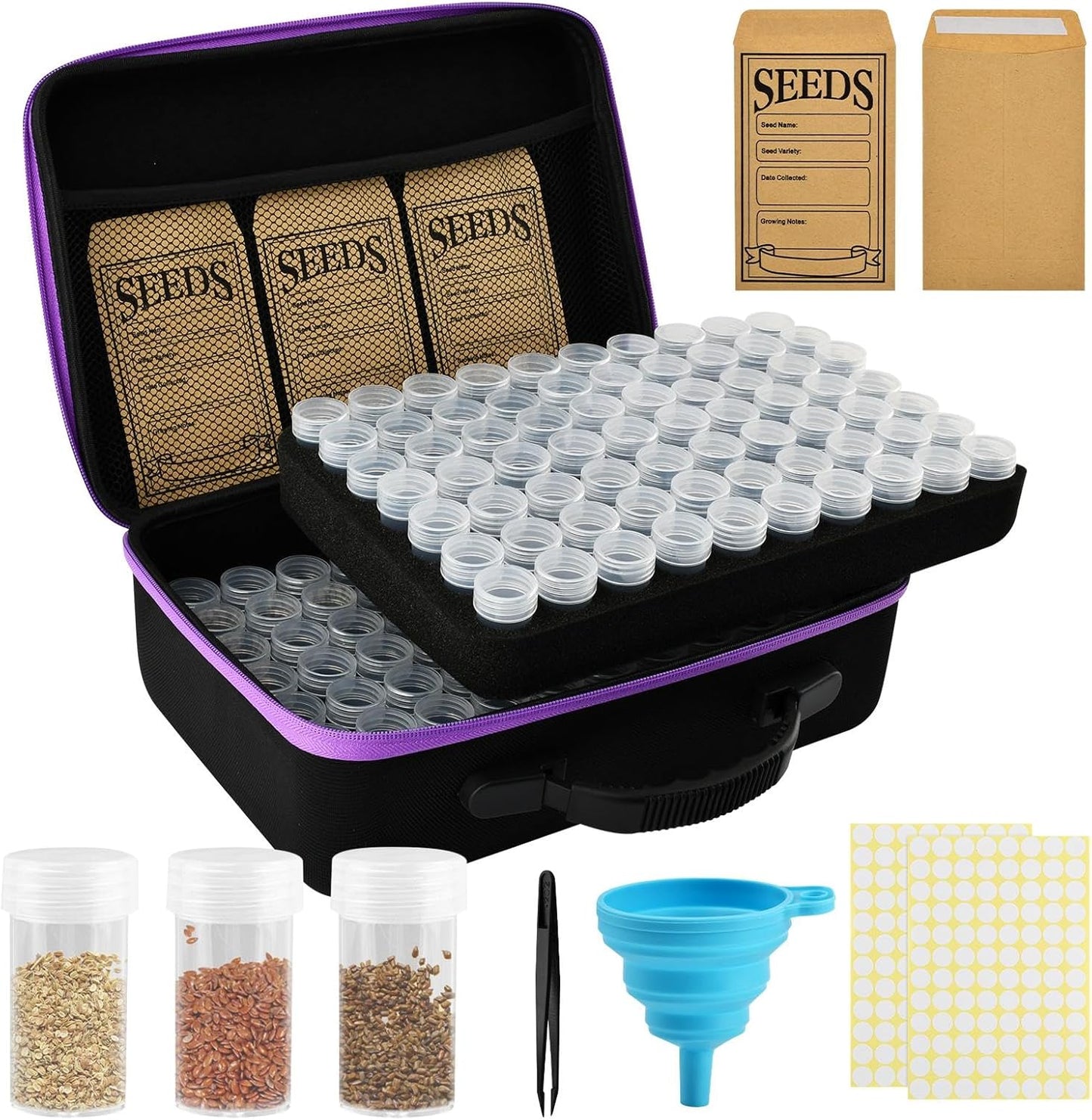 Seed Storage Organizer Box with 140 Slots and Plastic Bottles, Portable Garden Seed Vault Kit with Envelopes,Labels,Funnel,Tweezers, Lightproof EVA Storage Case for Home Gardening