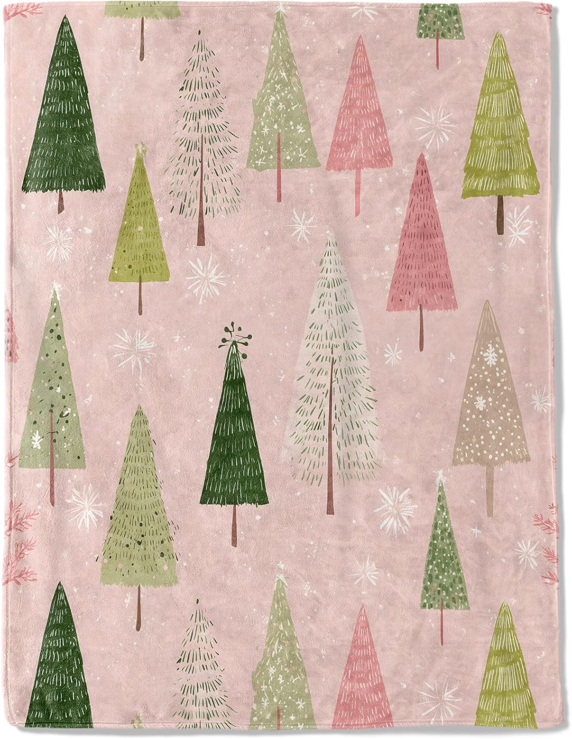 Christmas Tree Decorative Blanket, Hand Drawn Design Pink Background Print Throw Decoration, Soft Flannel Winter Blankets for Couch Bed Sofa, Holiday Home Decor, Xmas Festival Gifts 50x60 Inch