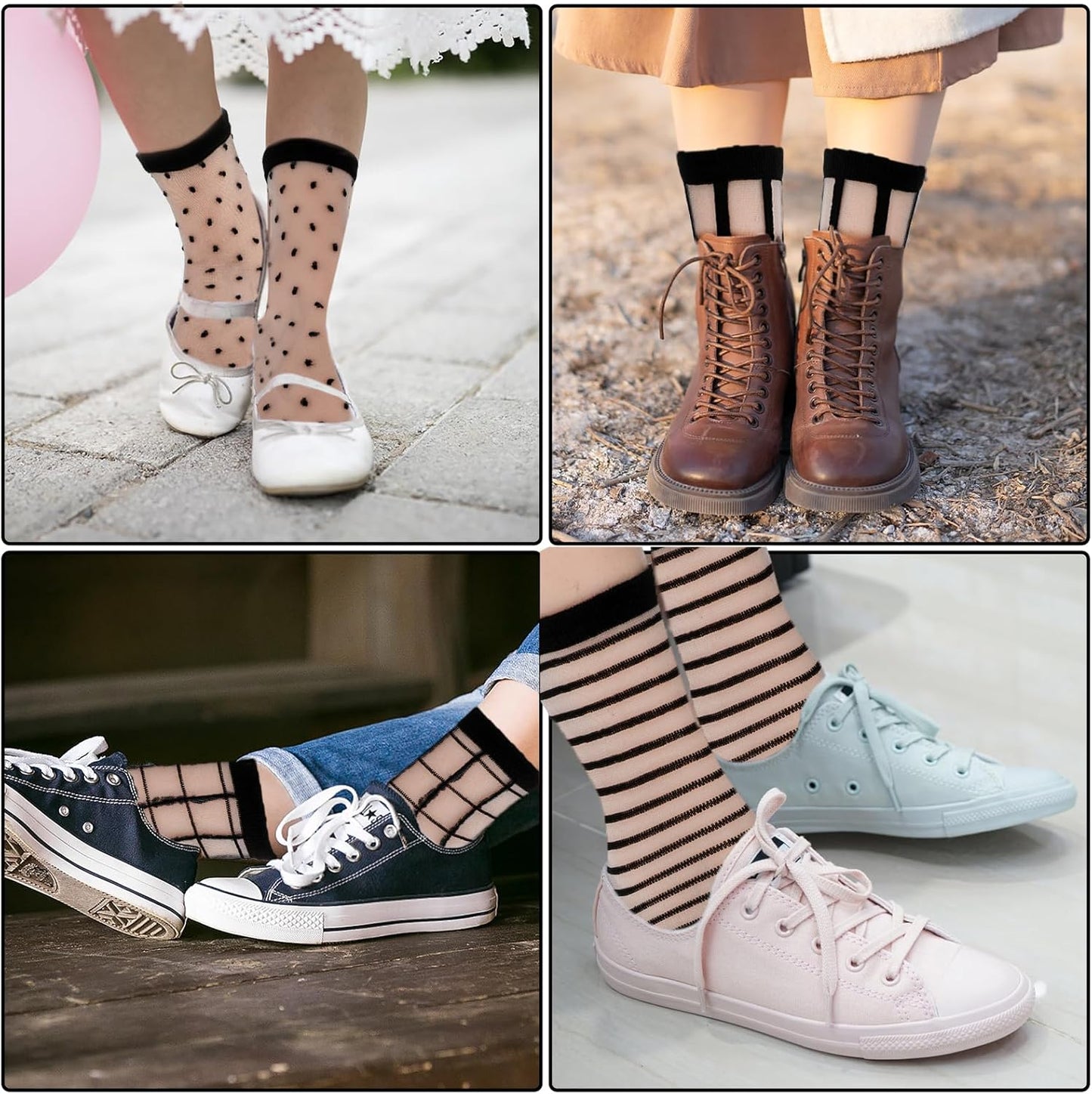 Lusofie 5 Pairs Sheer Black See-Through Socks - Checkered Dot Striped Plaid Ankle Summer Socks for Women - Thin Fashion