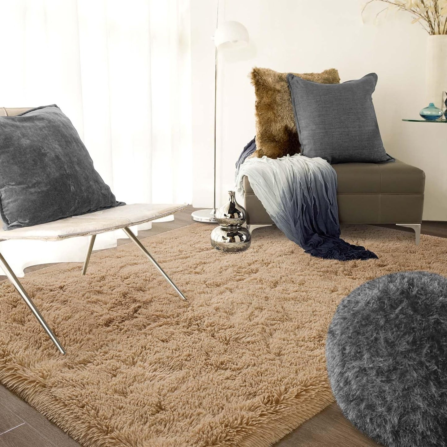 Ompaa Beige 8x10 Feet Large Area Rugs Fluffy Living Room Carpet, Wall to Wall Big Shag Light Tan Rug for Bedroom Kids Playroom Classroom Nursery Home Office Decor