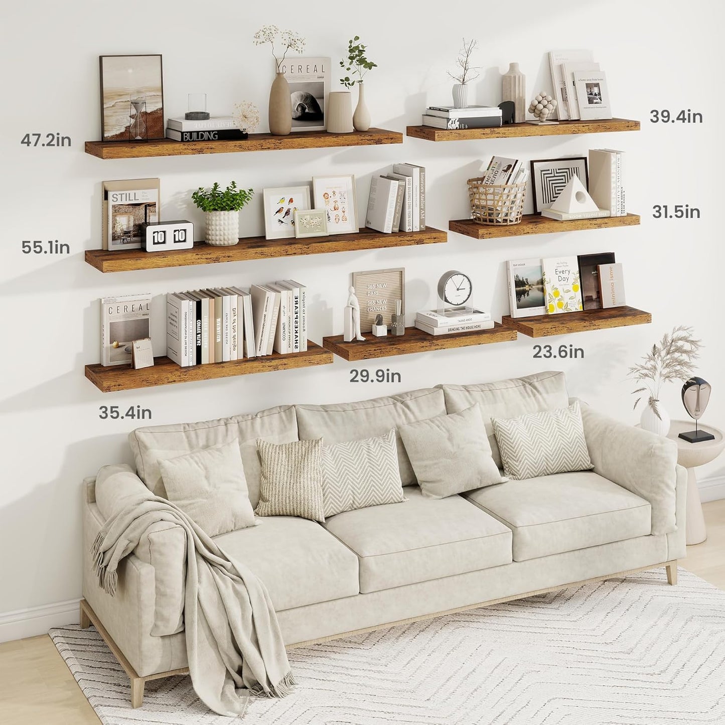 Fun Memories 48 Inch Brown Floating Shelves, 9.3 Inch Deep Wall Shelves for Living Room|Bedroom|Kitchen, Rusitc Wall Mounted Bathroom Shelves 2 Pack, Heavy-Duty Deep Shelf for Books，Decor