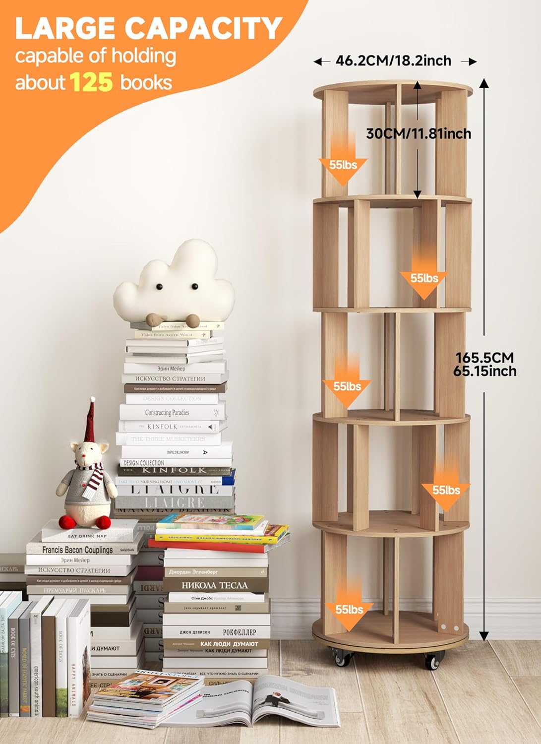 Baoz 5-Tier Rotating Bookshelf Tower, 360° Display Stackable Spinning Bookshelf with Wheels, Floor Standing Corner Revolving Bookcase, Rotating Book Shelf for Kids Rooms, Living Room, Bedroom - Wood