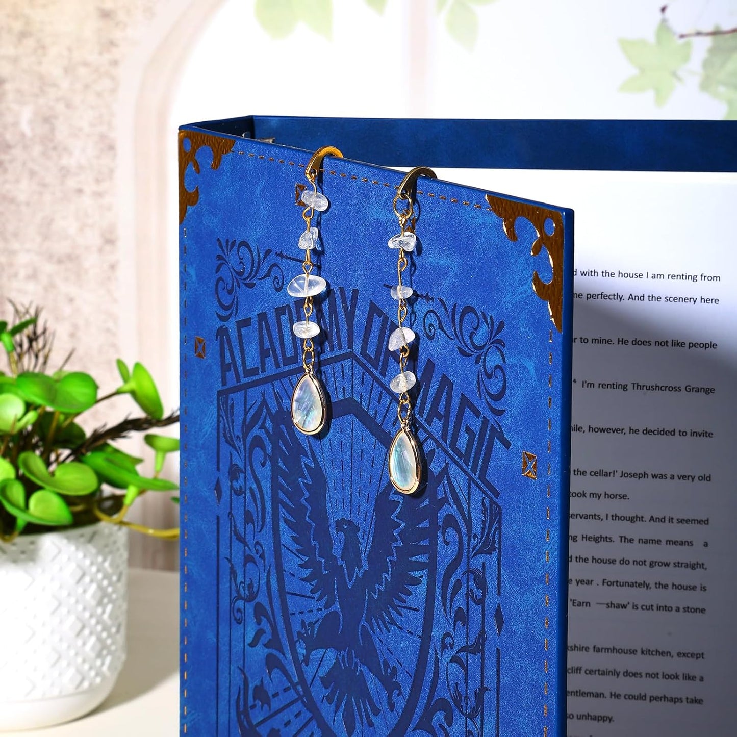 Vintage Metal Bookmark Pendant with Opal Drop Shell&Clear Quartz Crystal Stones Bead Chain-Elegant Opal Bookmarks for Women,Men,Book Lovers,Teachers and Girls(Silver)