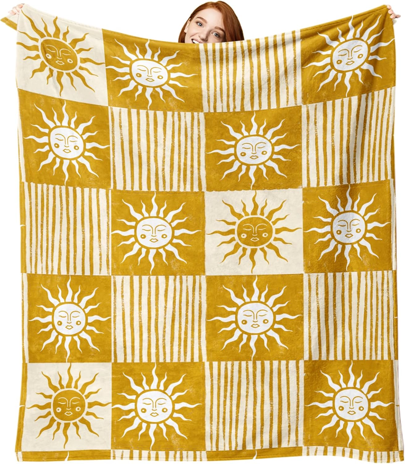 Boho Sun Face Flannel Throw Blanket, Bohemia Sunshine Yellow Birthday Gifts for Kids Men Women, Sunny Plaid Check Stripes Soft Blankets for Bedding Sofa 50" x 60"