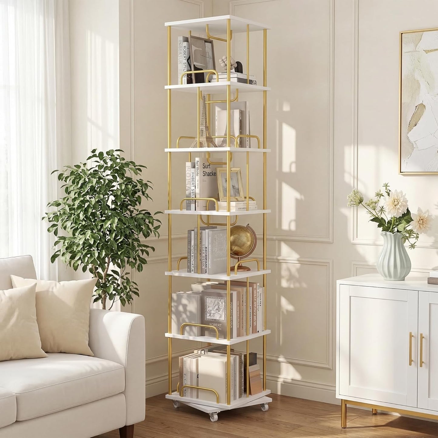 Rotating Bookshelf, 6 Tier Tall Skinny Revolving Bookcase Tower White Gold Modern Book Shelves Narrow Book Shelf with Wheels, 360° Floor Corner Spinning Bookcases for Living Room Bedroom