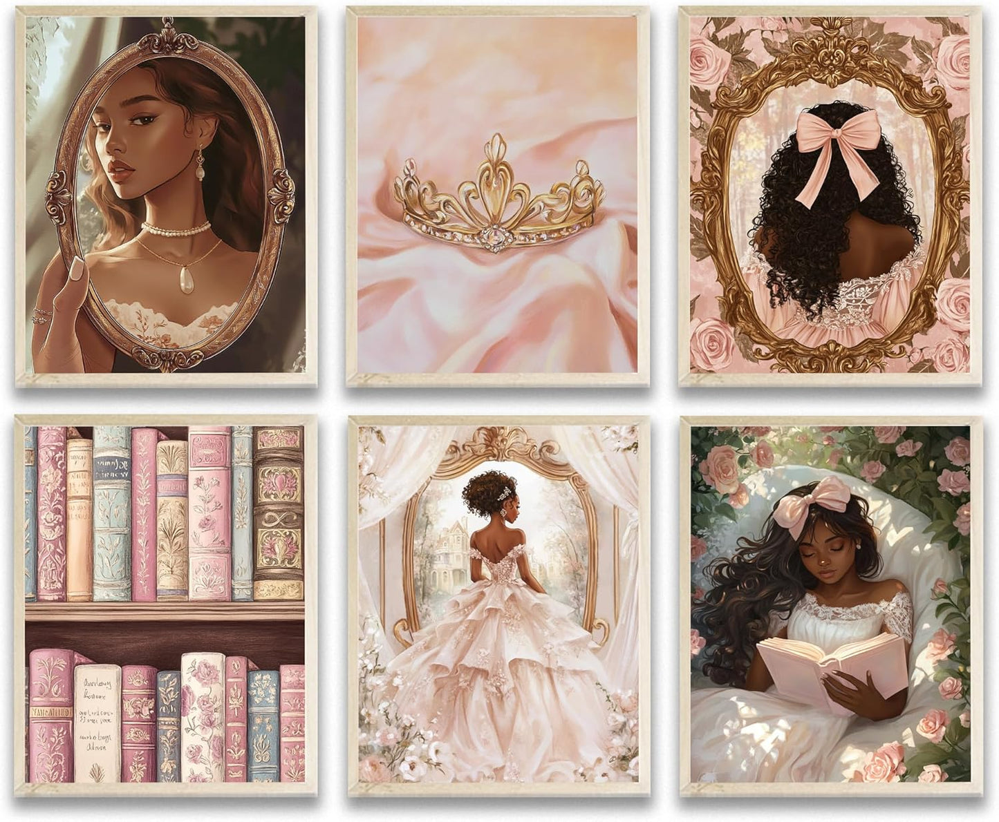 Eastern Print 6 Pieces African American Wall Art, Cute Black Princess Room Decor For Girls Bedroom, Black Girl Posters For Room Aesthetic, Black Women Poster For Room Aesthetic, Unframed 8x10 Inches