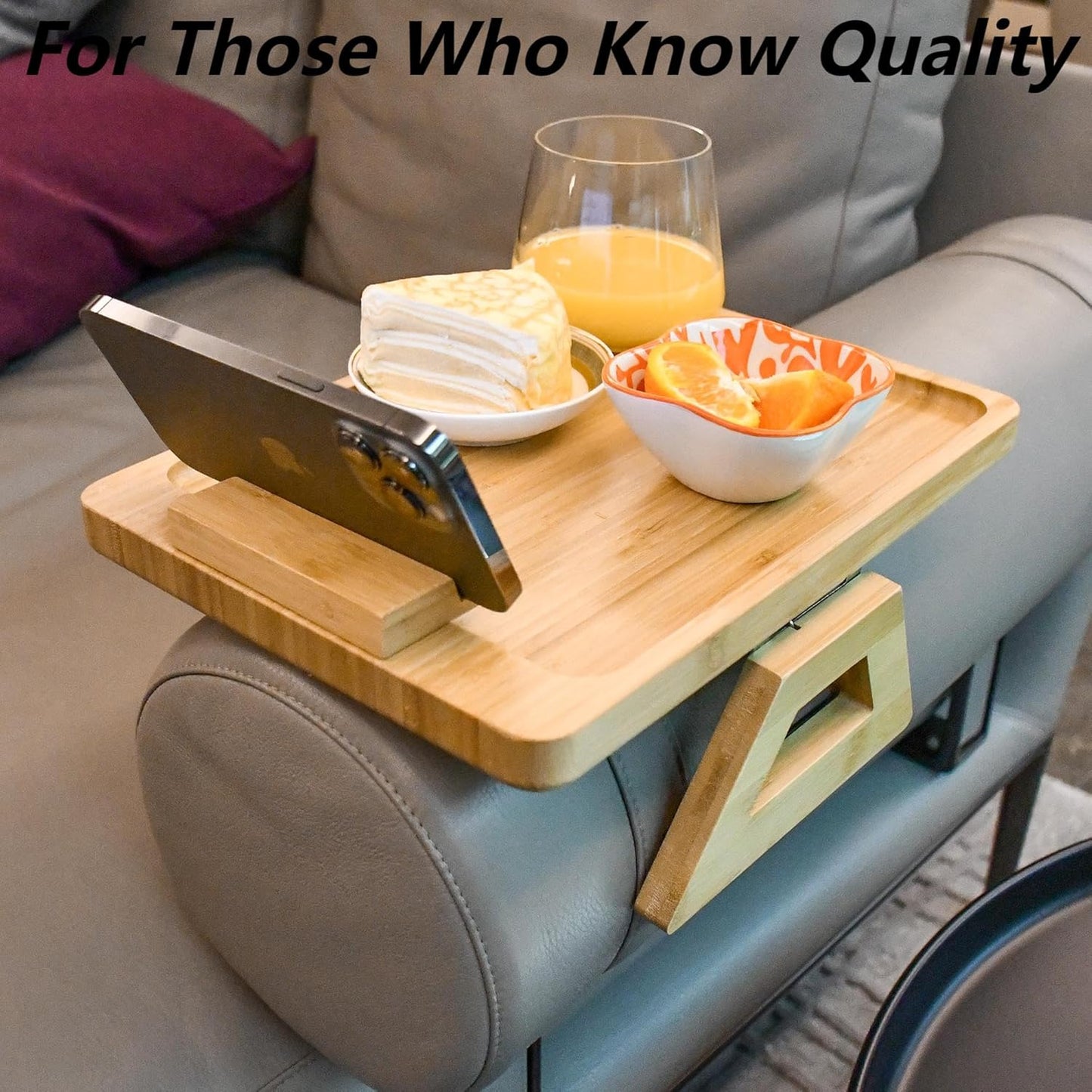Couch Arm Tray Table Clip on Sofa, Armrest TV Tray Table with 360° Rotating Phone Holder, Solid Bamboo Side Table for Wide Couches Arm, Gift for Mom Dad or Friends
