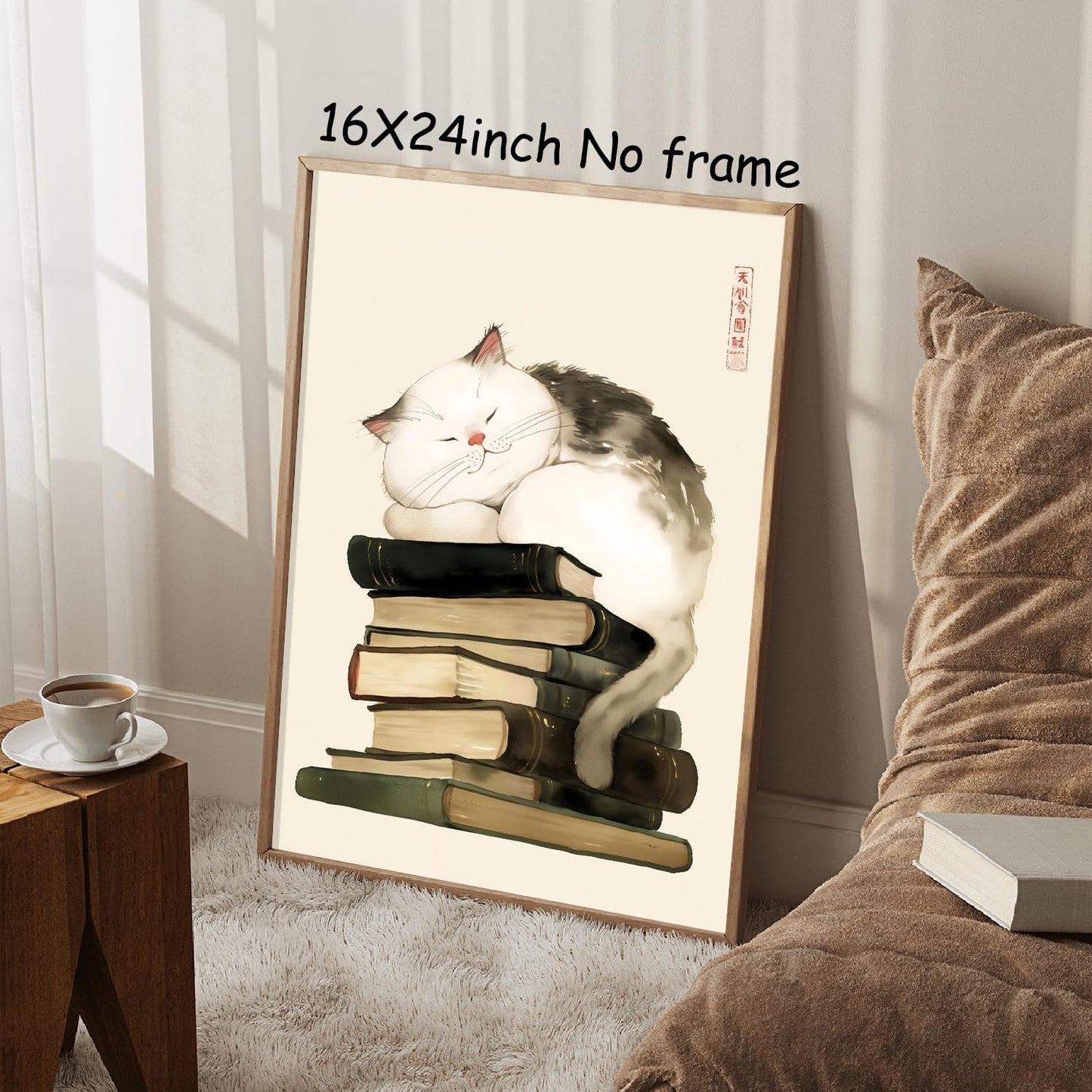 Japanese Vintage Cat Poster Animals Reading Books Poster Japan Painting Cute Cat Print Japanese Animal Wall Art Vintage Book Pictures Japan Aesthetic Posters Watercolor Animal Artwork 16x24in Unframed
