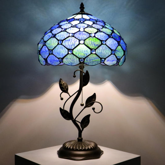 Tiffany Lamp Sea Blue Water Ripple Style Stained Glass Table Lamp Desk Bedside Reading Light 12X12X19 Inches with Metal Leaf Base