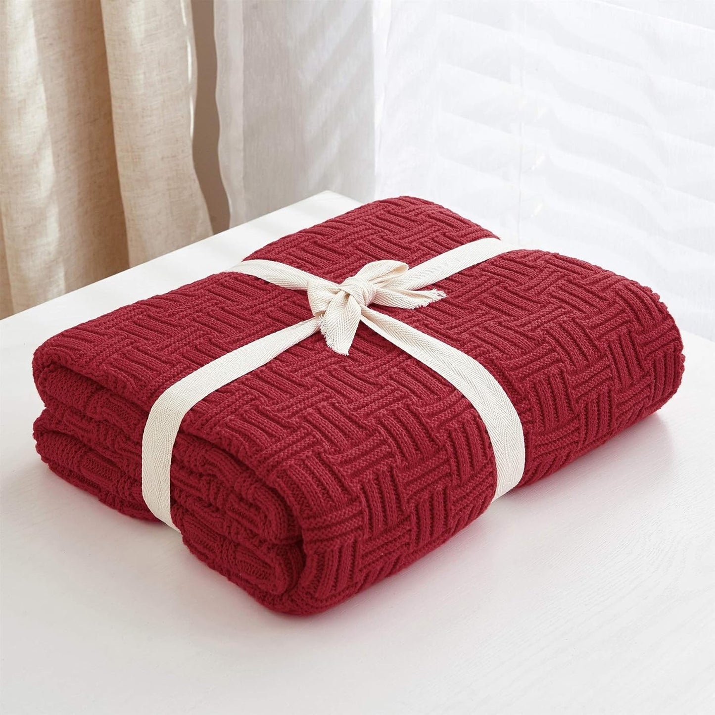 Cotton Red Knit Throw Blanket for Couch Sofa Beach Chair Bed Home Decorative Soft Warm Cozy Cable Lightweight Knitted Blankets, 50 x 60 Inch