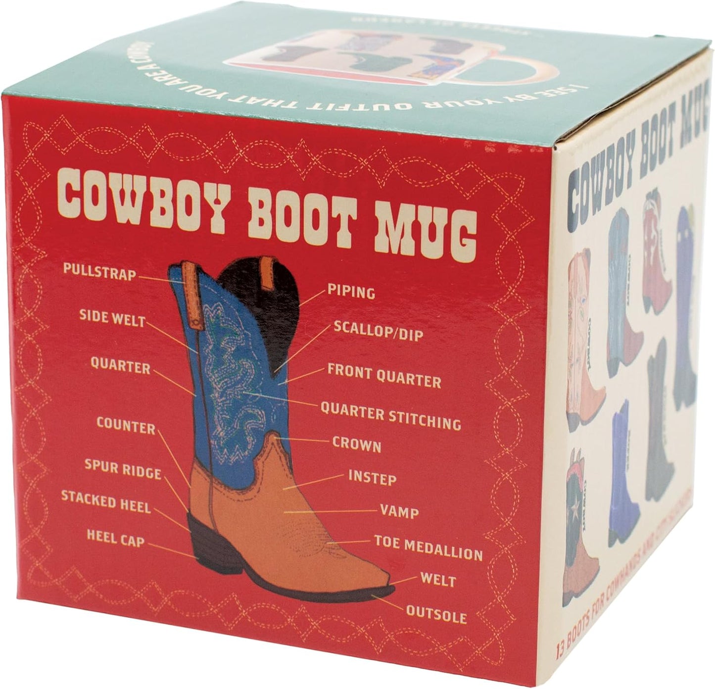 The Unemployed Philosophers Guild Cowboy Boots Mug - Featuring 13 illustrations of Western Footware, Comes in a Fun Gift Box, 12 oz