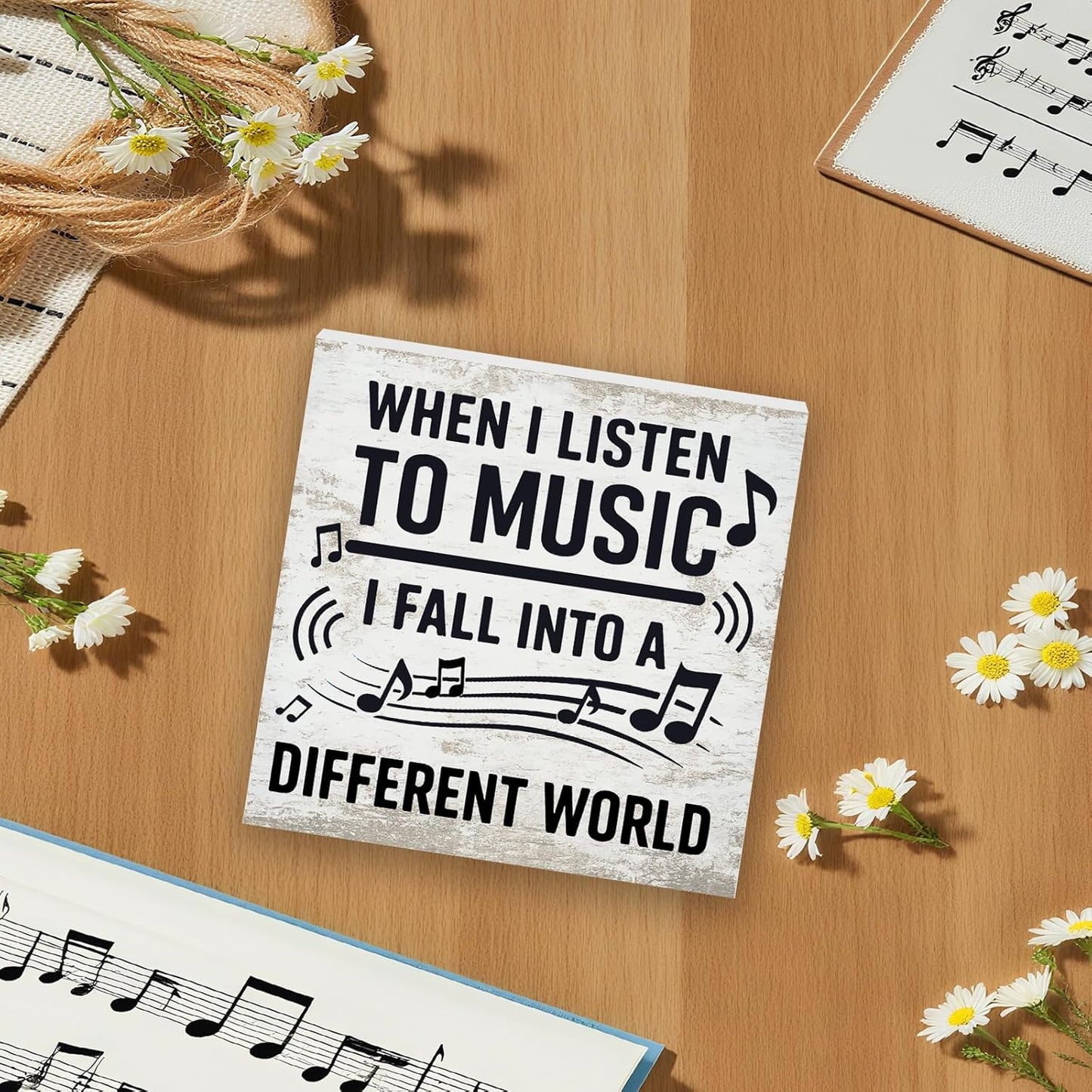 Music Desk Sign for Home Office Classroom, Musical Decor Room Decorations Accessories for Women Men Teacher, Table Shelf Musician Gift, Fall Into A Different World