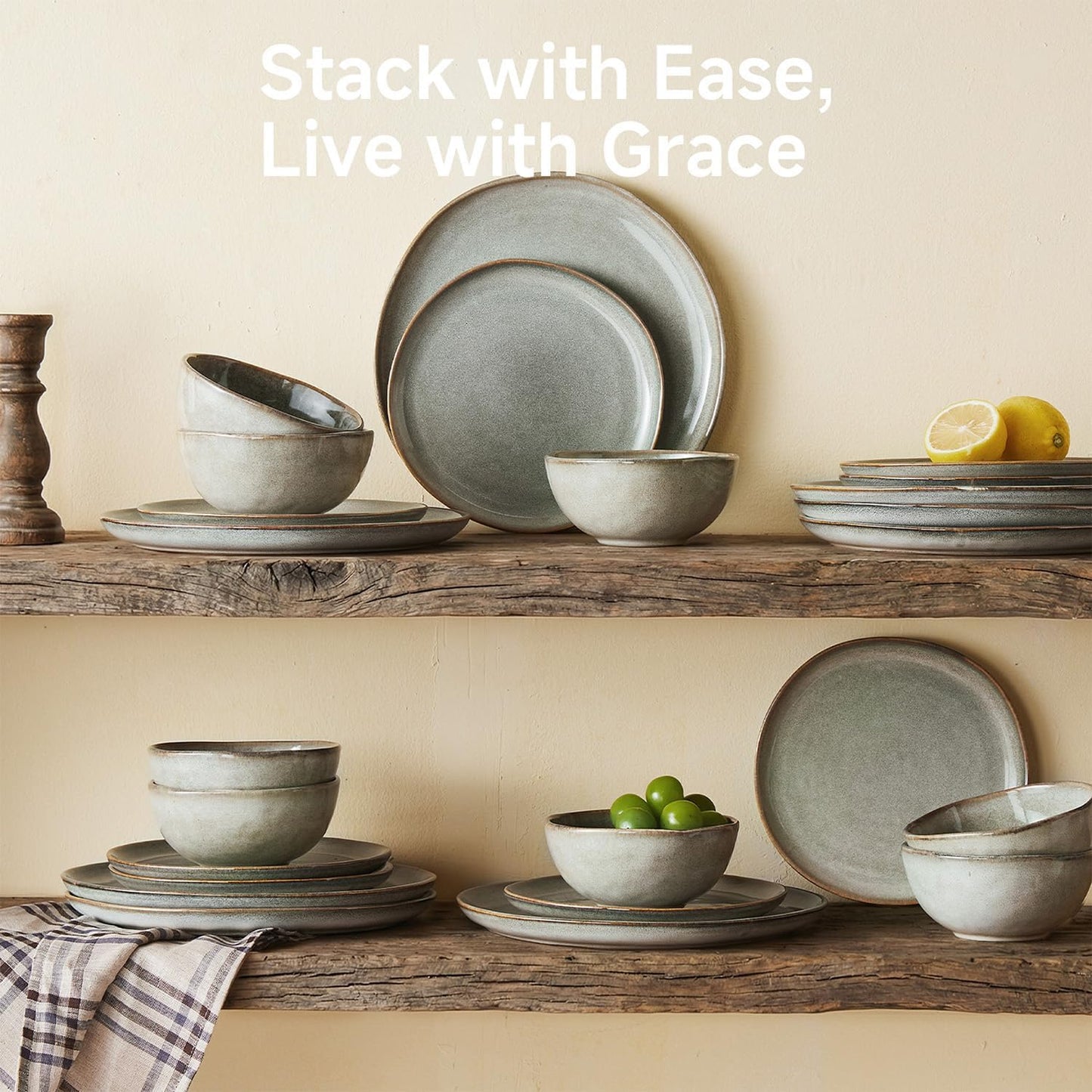 KINGSTONE Stoneware Dinnerware Sets, 24-Piece Reactive Glaze Porcelain Plates and Bowls Sets for 8, Handcrafted Rustic Ceramic Dishes Set, Highly Scratch Resistant, Dishwasher & Microwave Safe, Grey