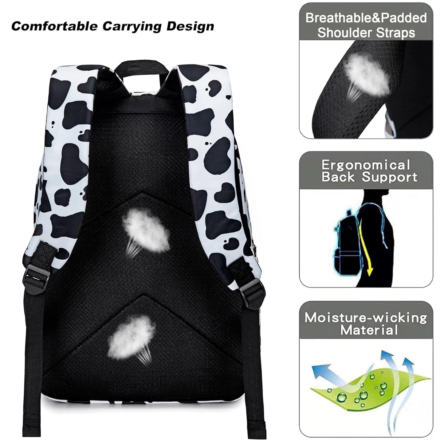 Cow Print Girls School Backpack for Kids Teens, Elementary Middle School Backpacks Bookbag Set with Lunch Bag Pencil Case