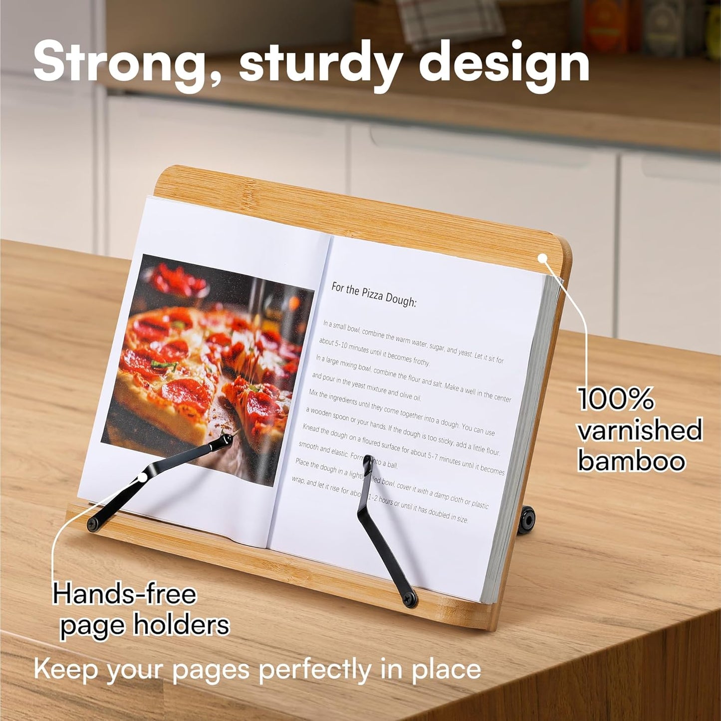 H&S Bamboo Recipe Book Holder - Foldable & Portable Cookbook Stand for Desk - Adjustable Holder for Reading in Bed or Kitchen - Cook Book Stand for Kitchen Counter