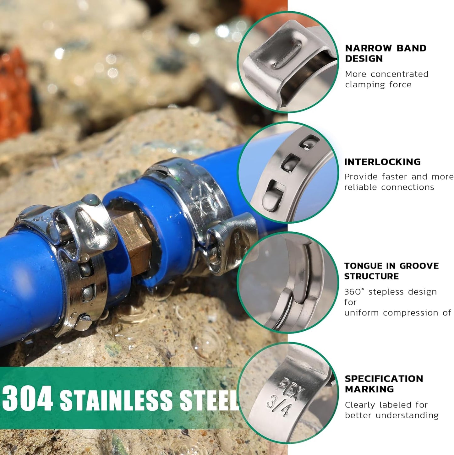 120PCS Pex Crimp Rings Assortment,304 Stainless Steel Pex Clamps 3/8",1/2",3/4",5/8",1" Single Ear Hose Clamps,Pex Cinch Clamps for Pex Fittings Pipe Tubing