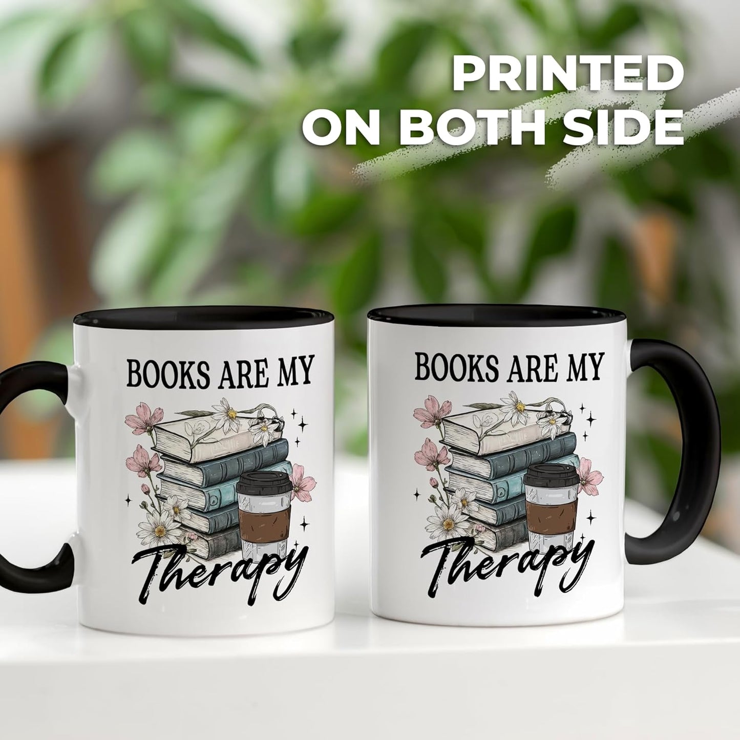Book Lover Gifts - Books Are My Therapy Mugs with Black Handle, Bookish Coffee Mug with Stacked Book Design, Birthday, Christmas Gifts for Books Lovers Women, Bookworm Mugs for Readers