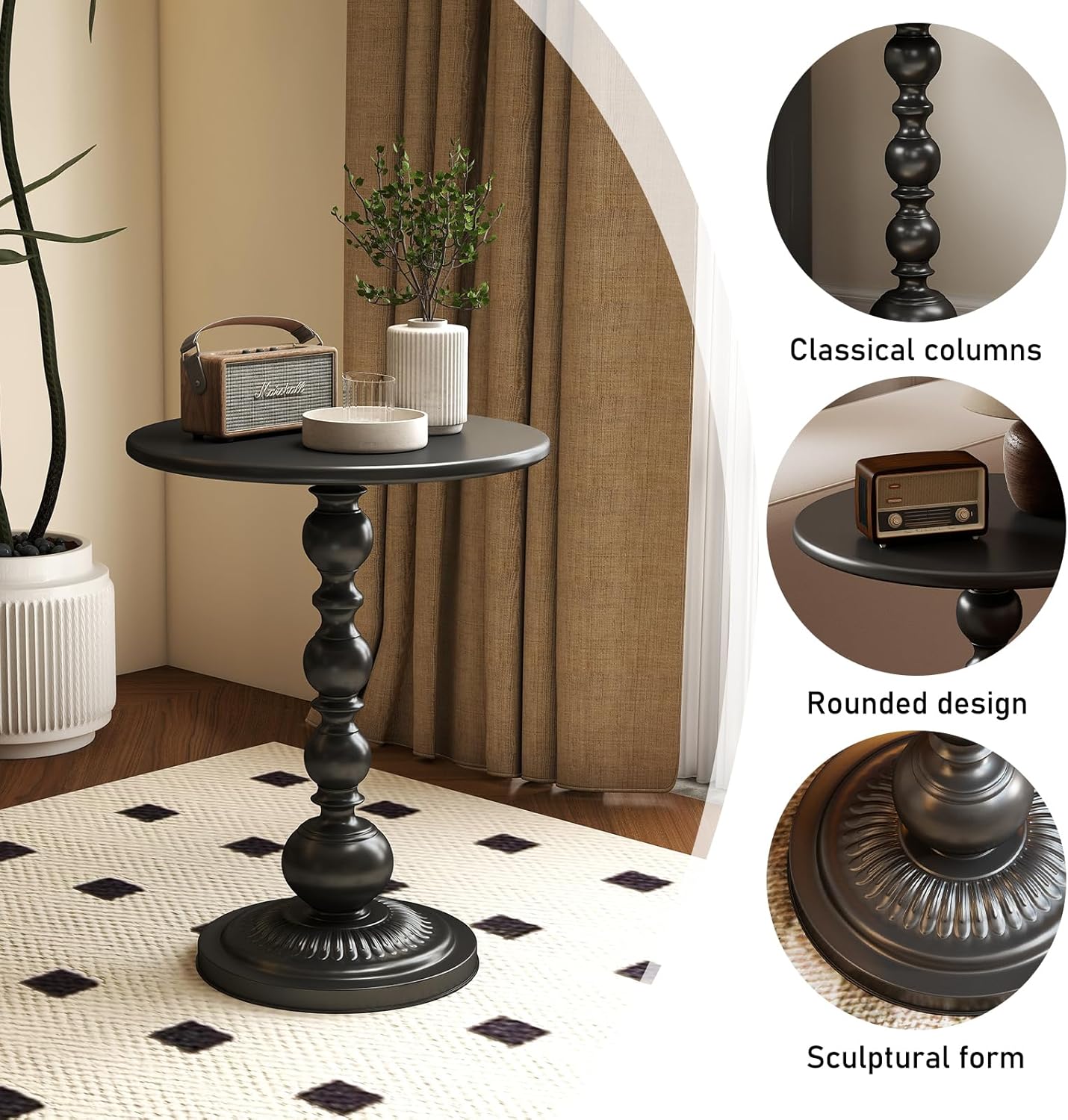 Metal Small End Table,Vintage Matte Black Round Side Table Nightstand for Bedside or Sofa,Small Accent Pedestal Table for Living Room Corners Bedroom Patio and bar (Matte Black)
