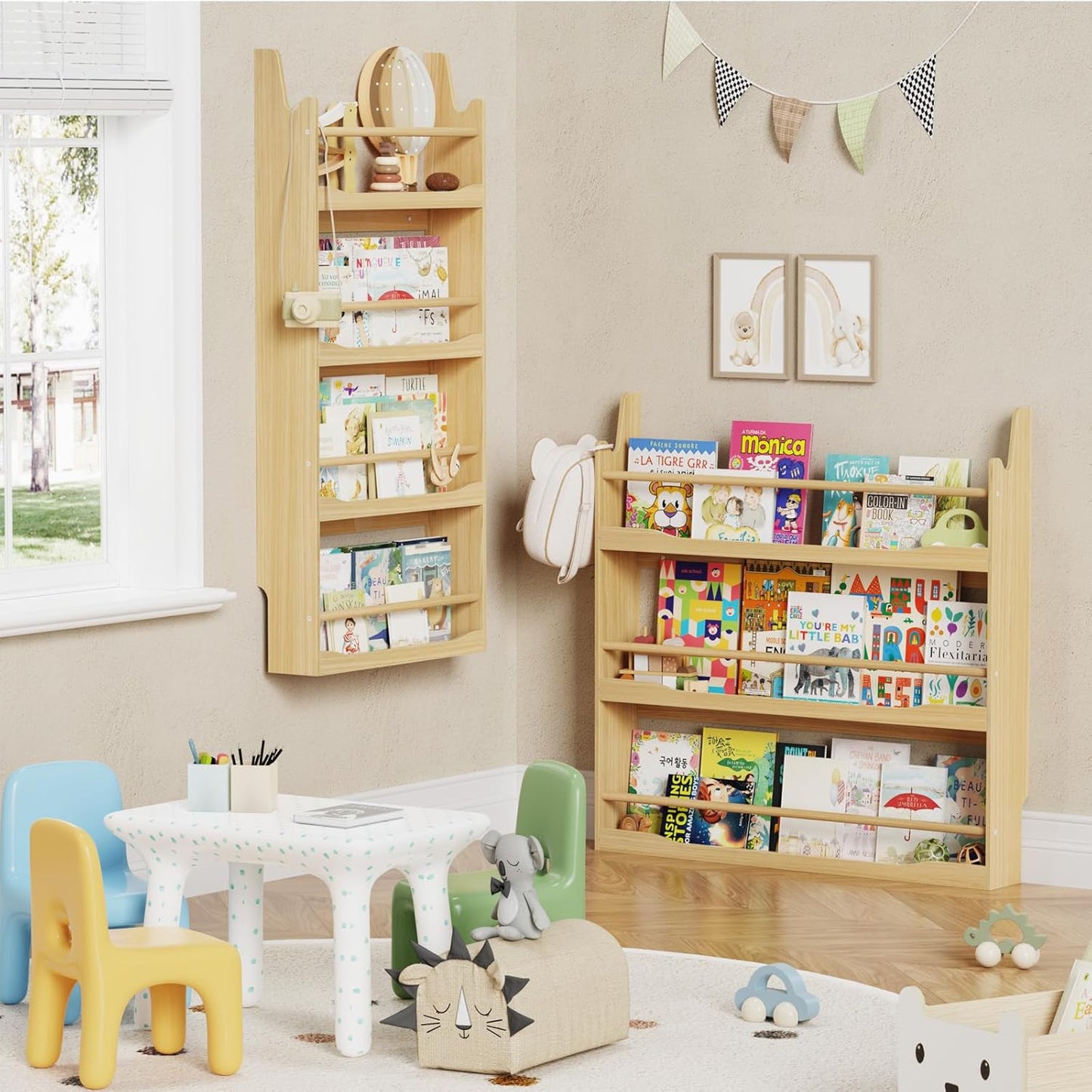 Lkeiyay Wooden Kids Bookshelf,Wall Mount 3-Tier Book Shelf Organizer for Toys and Books,Wall Book Shelves for Bedroom Kids (Natural)