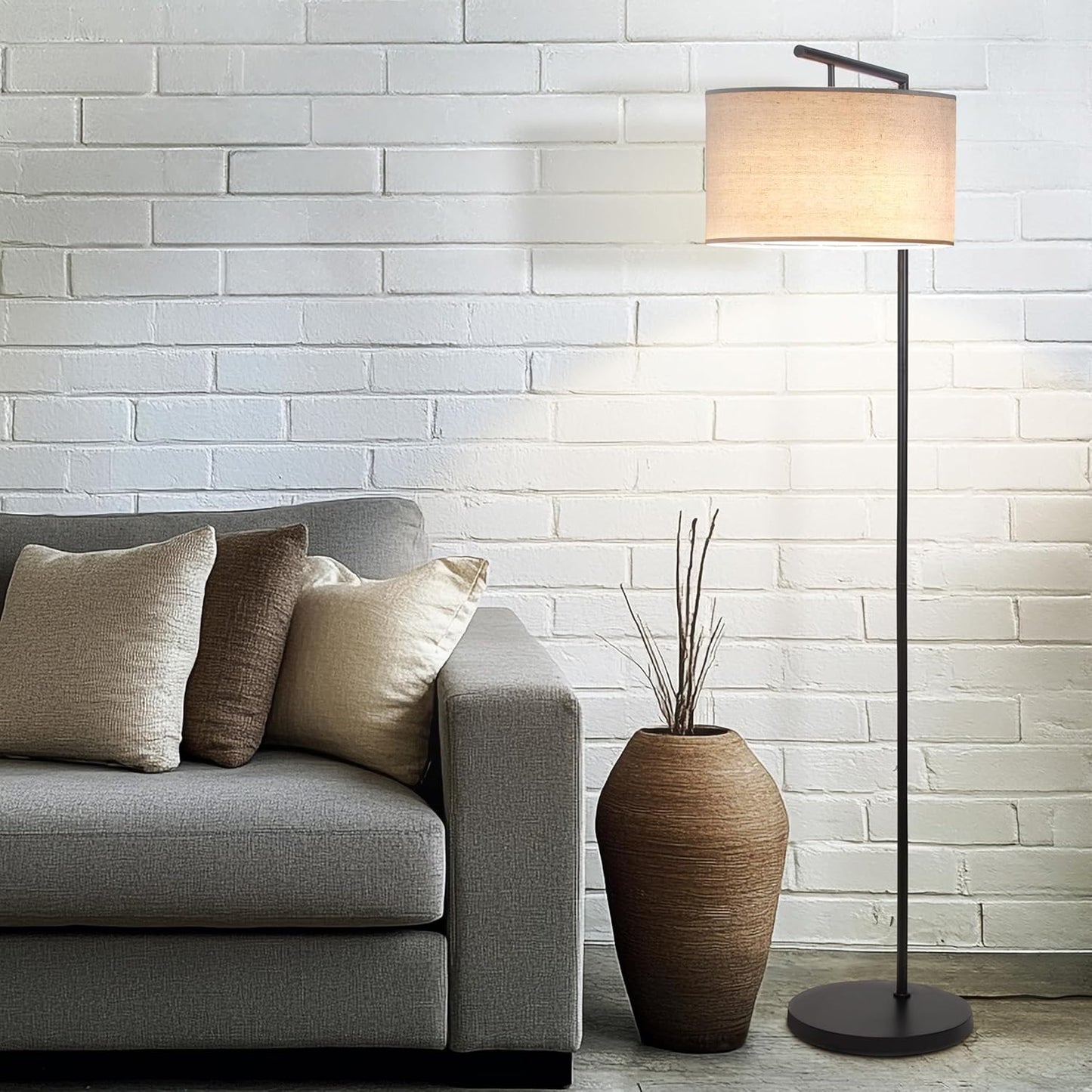 Brightech Montage Modern Floor Lamp - LED Standing Lamp with Tan Shade for Living Rooms & Offices - Bedroom Reading Light - Tall Corner Pole Lamp for Contemporary Home Decor - Black