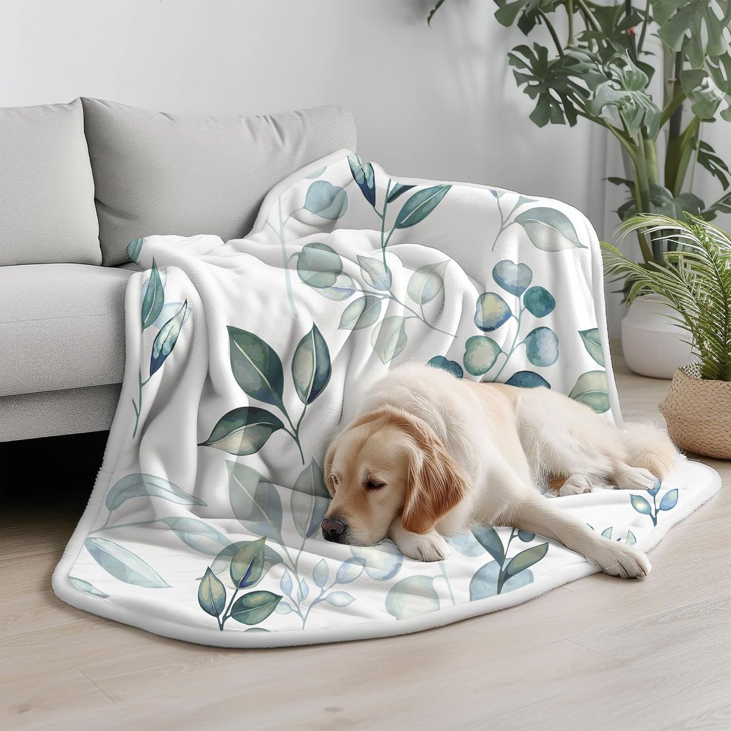 Sage Green Throw Blanket, Spring Throw Blanket for Couch Bed, Eucalyptus Leaves Floral Fleece Blanket, Camping Throw Blanket, Lightweight Soft Warm Cozy Blanket Plush Travel Throws Blankets,50"x60"