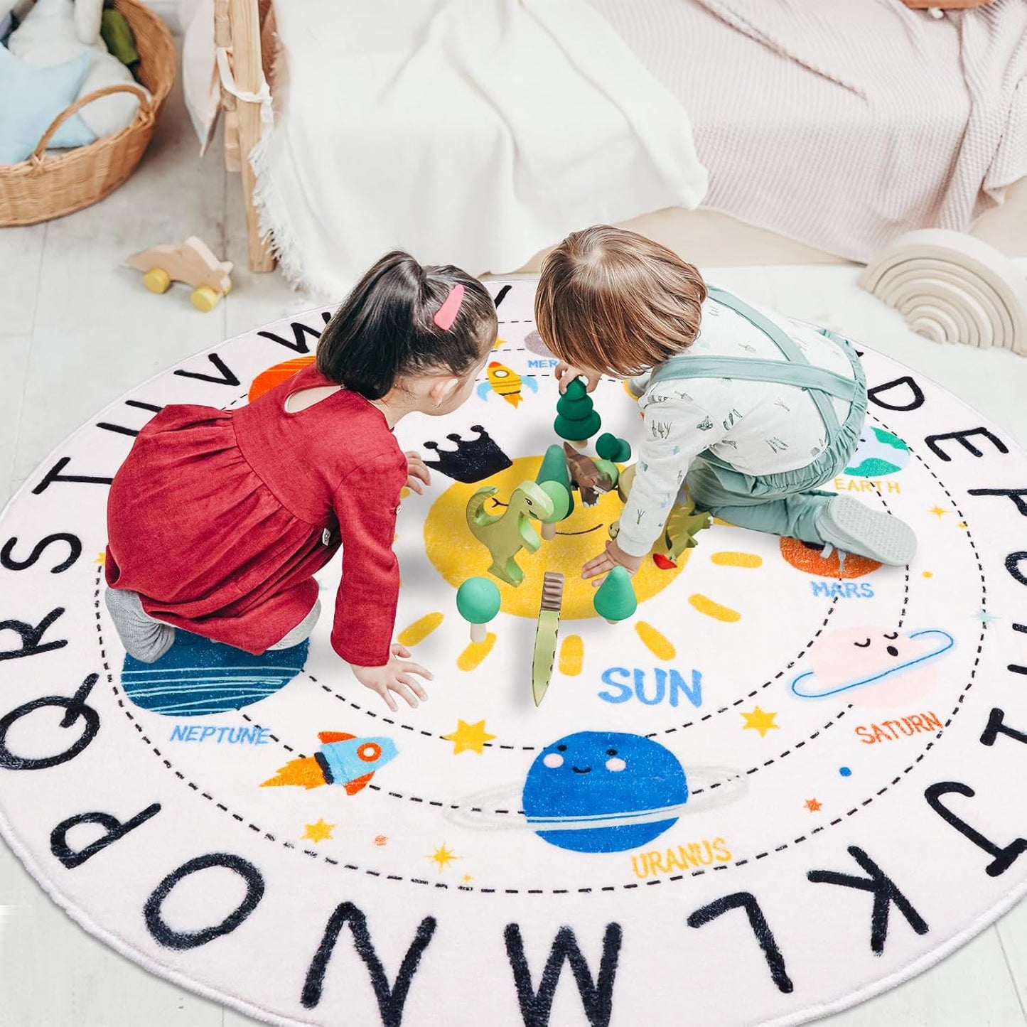 ABC Kids Rug,4 ft Washable Nursery Rug,Soft Plush Educational Circle Rug,Non-Slip Solar System Alphabet Rugs for Classroom playroom Bedroom Kids Room Decor