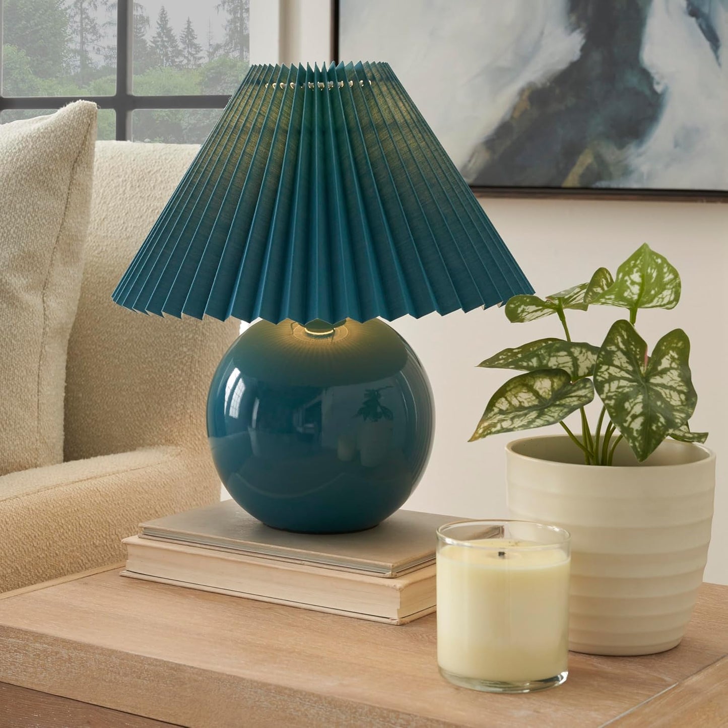 Nourison Home 13" Blue Ceramic Round Lamp with Pleated Shade for Bedroom, Living Room, Console, Entryway