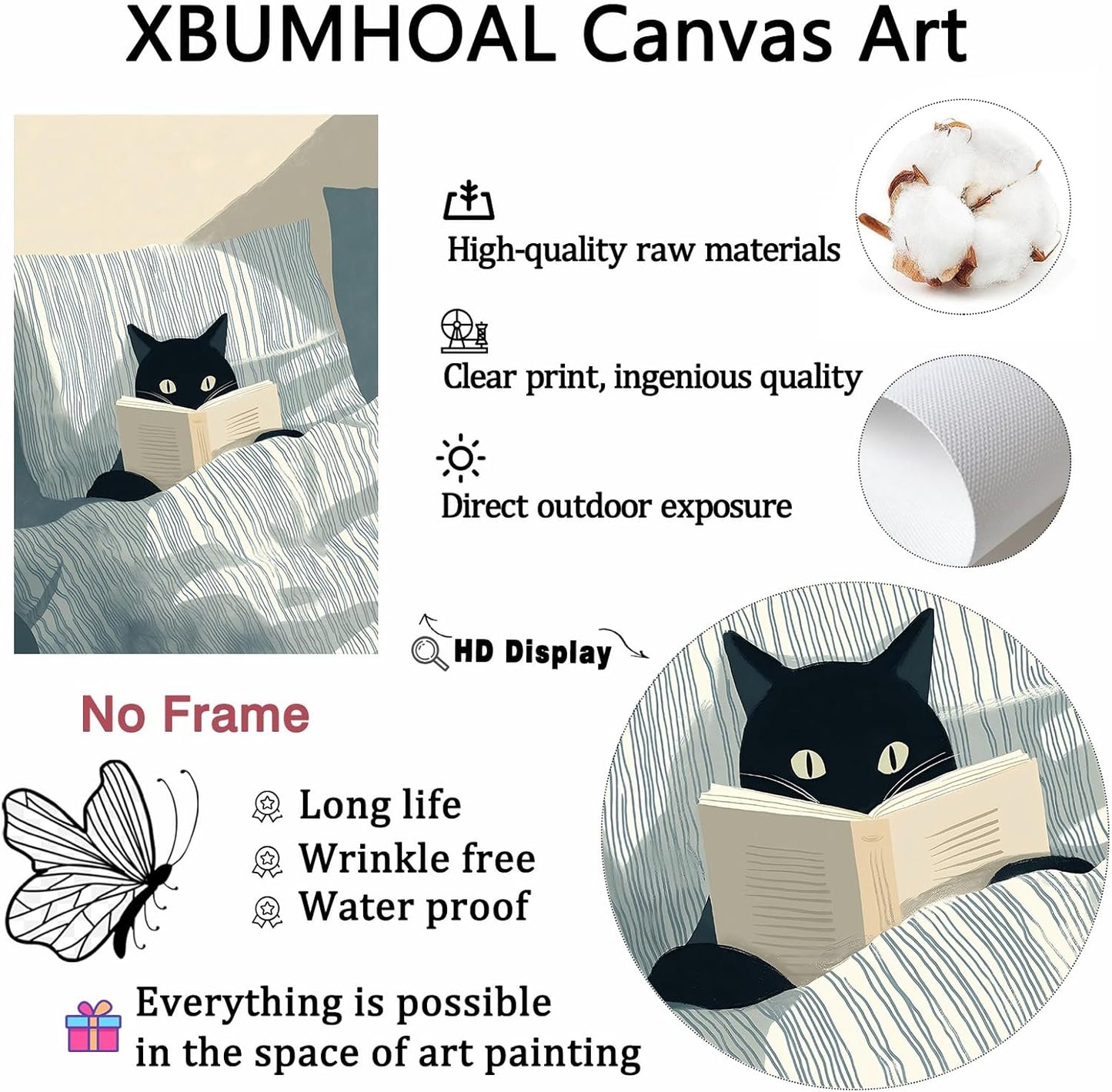 Cute Funny Cat Picture Abstract Animals Canvas Wall Art black artwork Cats Cool Read Books Poster Whimsical Prints Animal Aesthetic painting Eclectic Cat Wall Art Cute Kitty Canvas 16x24inch No Frame