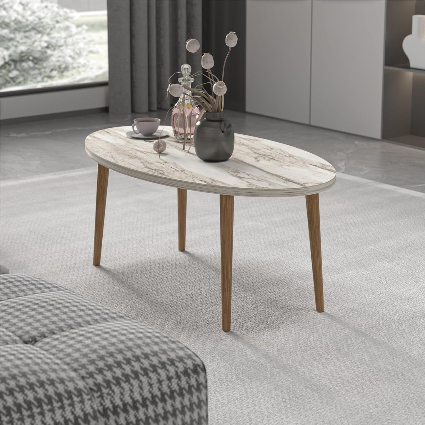 Coffee Table,MDF Modern Style Round Coffee Table for Living Room,Modern Oval-Round Side Table,Coffee Tables for Living Room,Accent Table,Center Table for Living Room,Sofa Table (White Marble)
