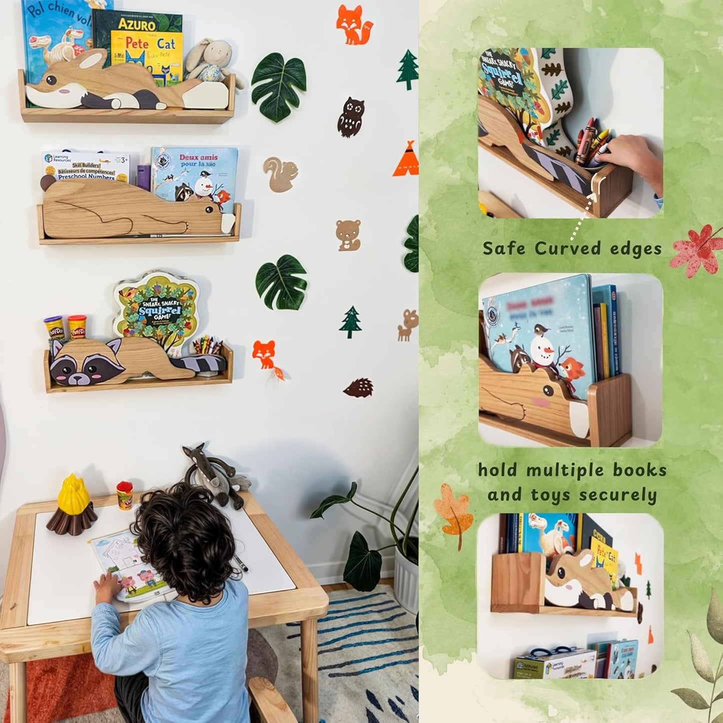3 Floating Shelves, Wall Shelf for Kids Rooms, Woodland Nursery Bookshelves, Bear Fox and Raccoon 24inch