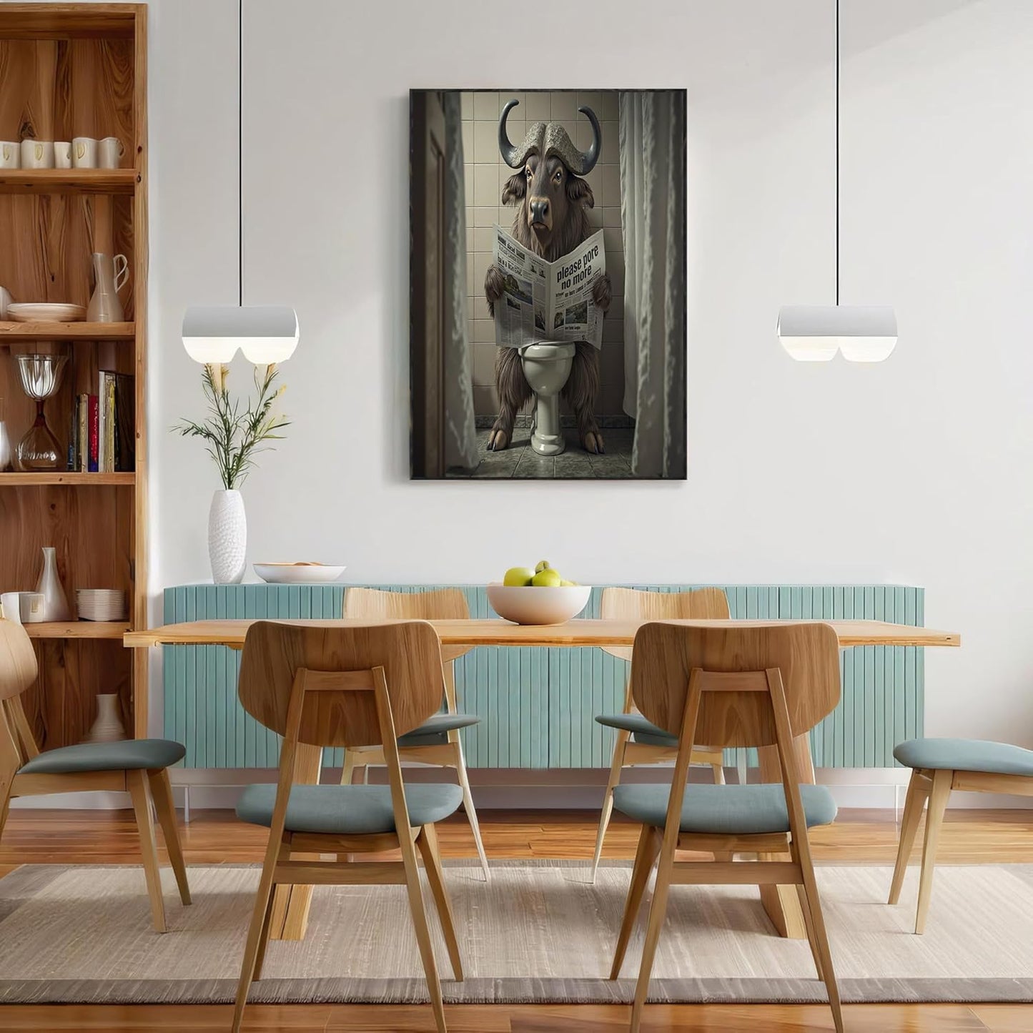 Exaggerated Animal Canvas Wall Art Water Buffalo Sitting On The Toilet Reading Newspaper Wall Decor Dark Brown Poster Print Artwork For Living Room Yoga Room Hotel Bedroom Home Decoration 24 X 36 Inch