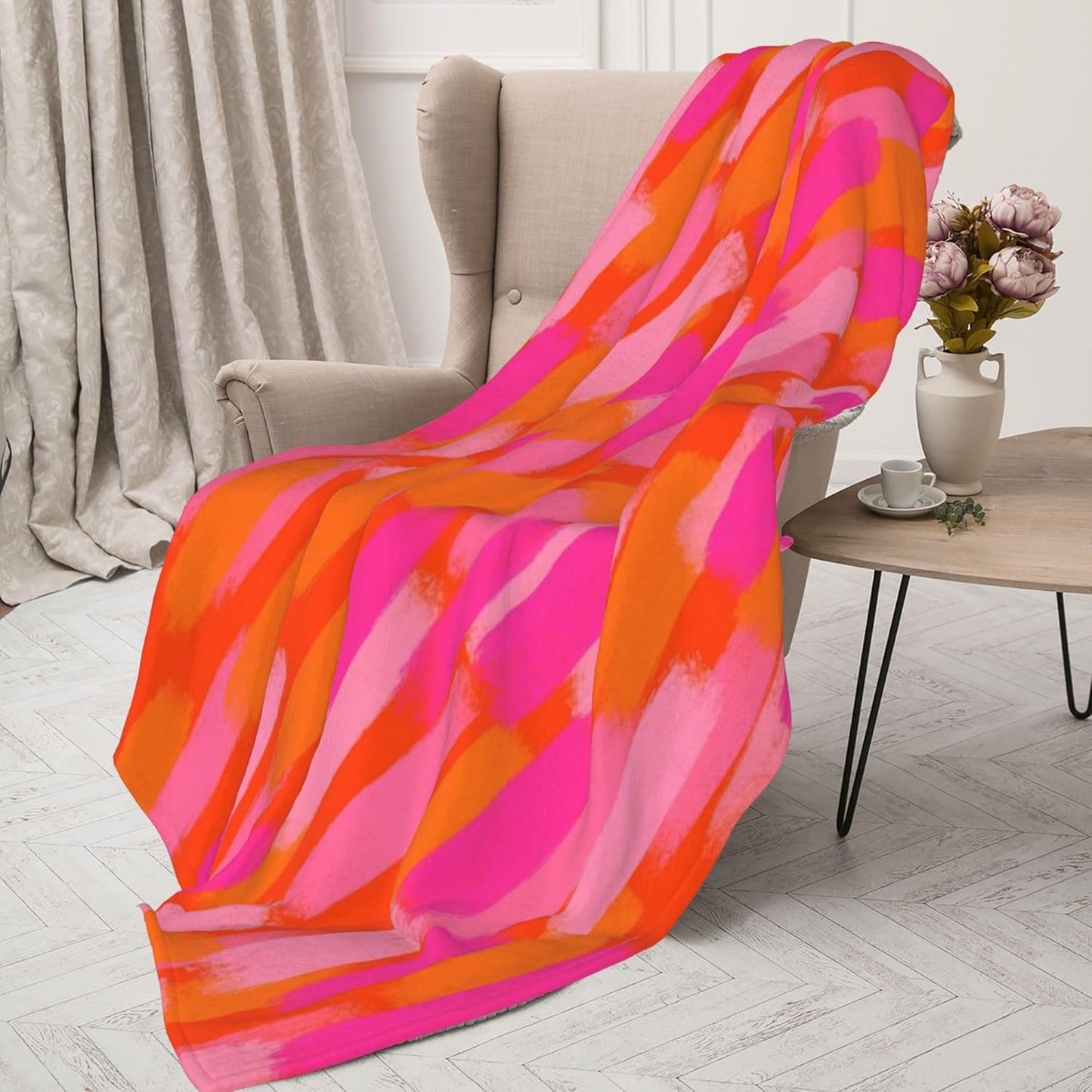 Abstract Retro 70s Pink Orange Paint Brush Blankets 30"x40" Lightweight Flannel Fleece Cozy Aesthetic Throw Blanket Home Decor for Couch Bed Sofa Bedroom Living Room Trendy Funky Dormitory College