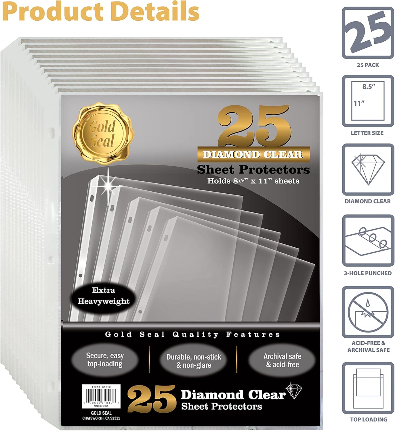 GOLD SEAL 25 Count Diamond Clear Extra Heavyweight Sheet Protectors, 4 mils Strong,8.5 x 11, Top Load, 25 Pack