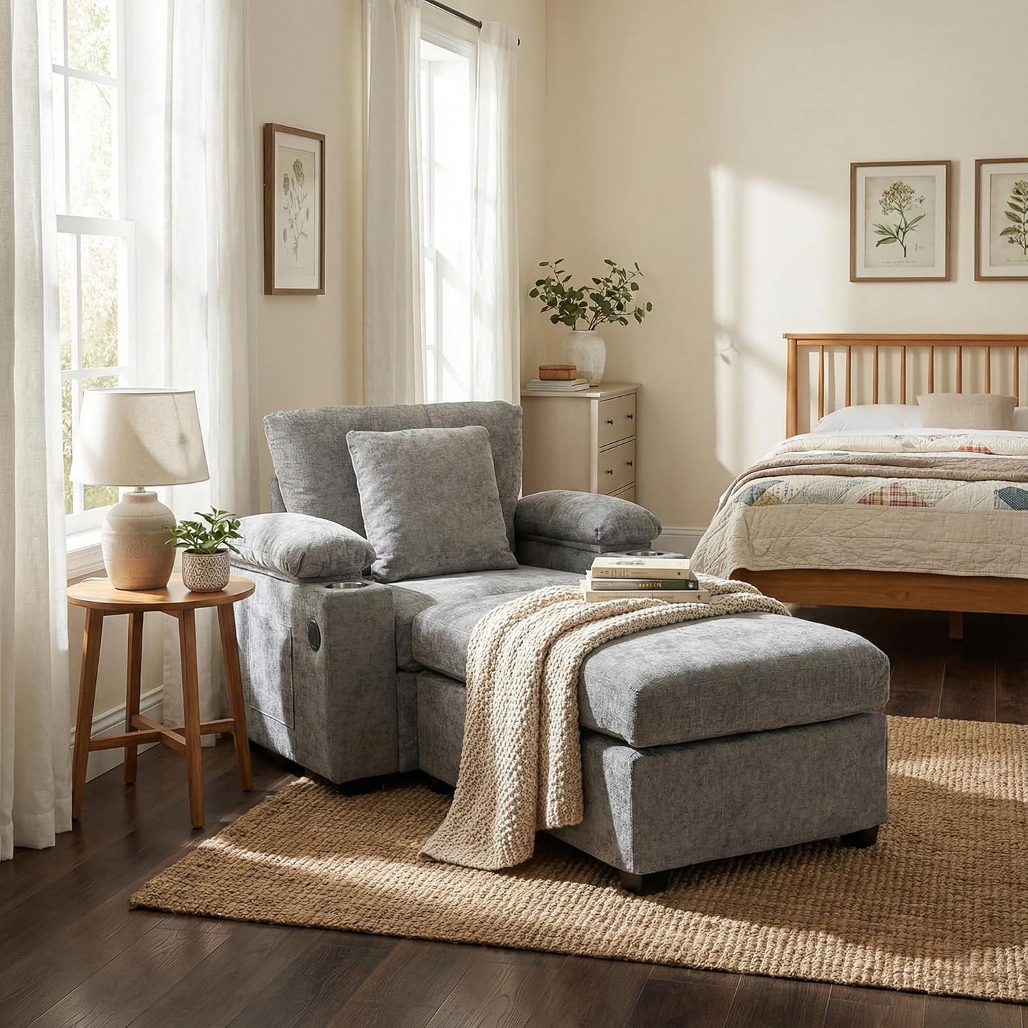 Modern Ergonomic Accent Chair with Ottoman - Supportive Oversized Lounge Chair for Living Room, Bedroom, Reading, Vanity, Comfy Seating with Lumbar Support, Cup Holders and Stylish Design,Grey-Chenill