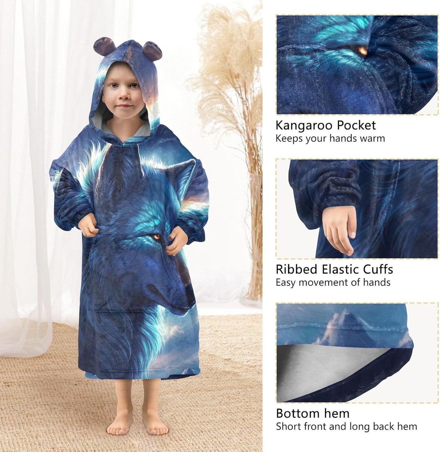 Wolf Wearable Blanket Hoodie for Kids Oversized Sherpa Hooded Blanket Cozy Warm Gift