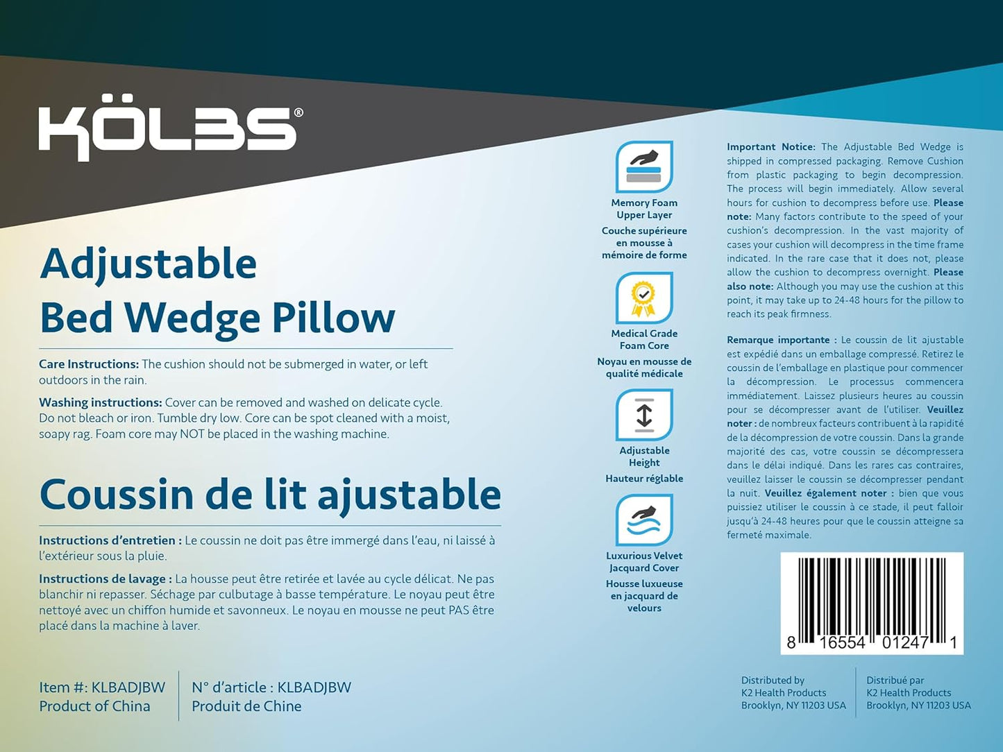 Kolbs Memory Foam Adjustable Bed Wedge Pillow - Wedge Pillow Set for After Surgery - 9 and 12 inch Height Plush Velvet Cover Multi Use for Sleeping and Acid Reflux (Adjustable Height)