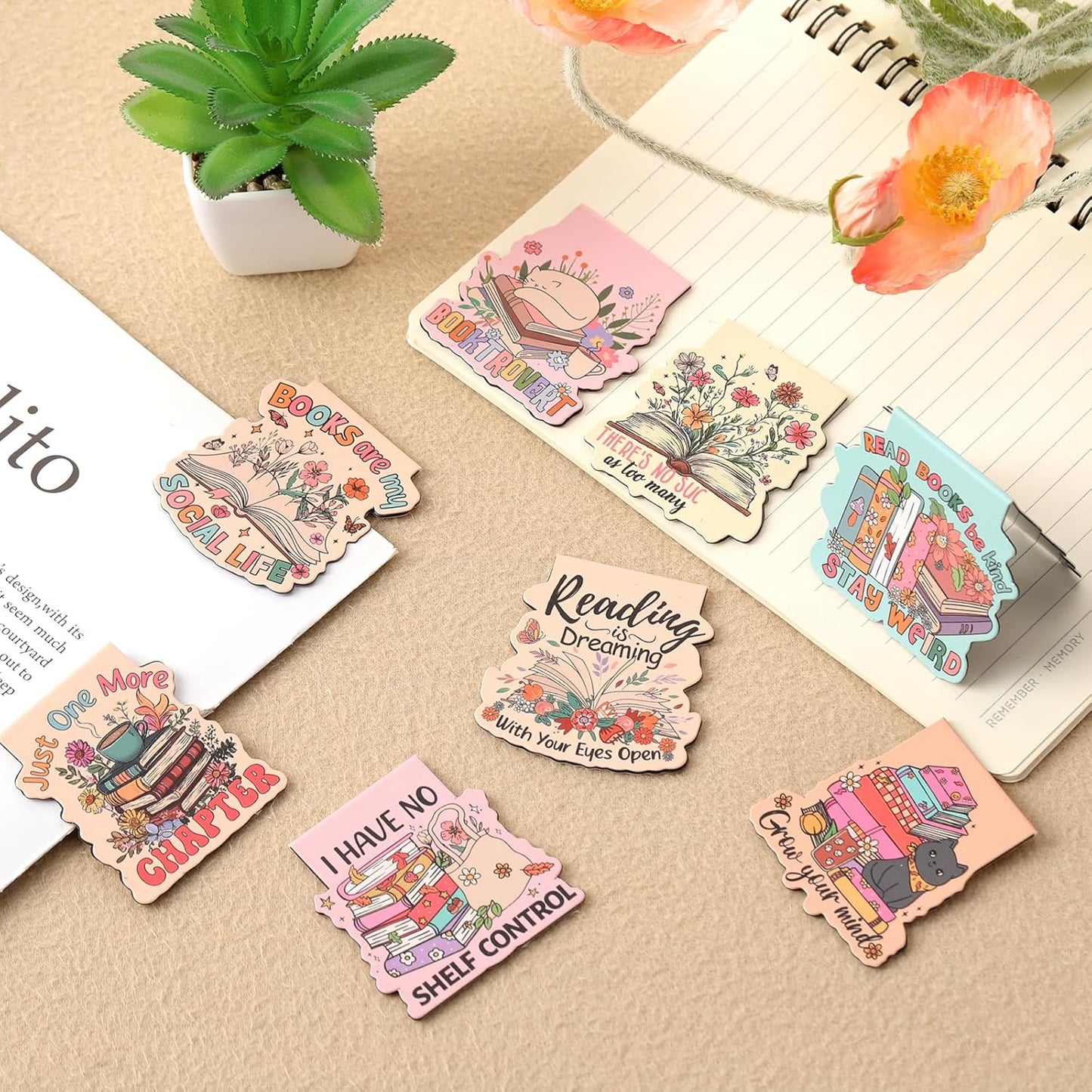 Book Lover Magnetic Bookmarks - 9 PCs Cute Cat Pretty Page Markers Gifts Funny Aesthetic Flower Magnet Bookmark for Reading Women Readers Bookish Students Teacher Birthday Back to School