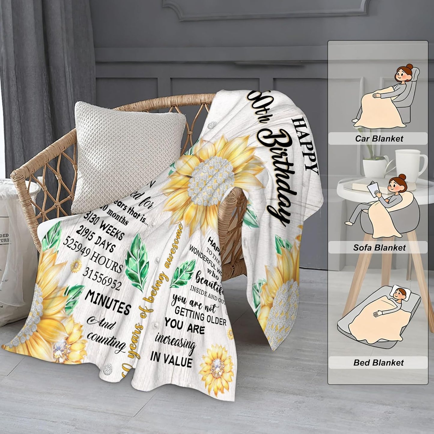 60th Birthday Gifts for Women, Gift for 60 Year Old Women, 60th Birthday Decorations Gift Ideas for Her, Turning 60 Throw Blanket, Happy 60th Blanket 80" X 60"