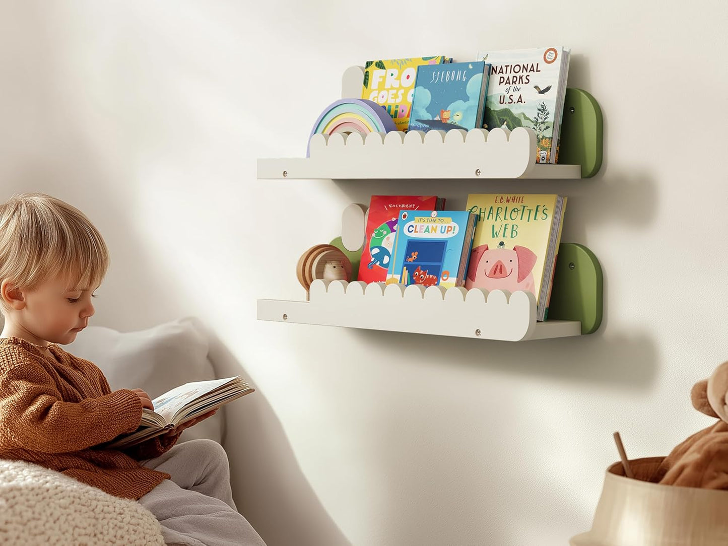 Nursery Floating Shelves, 16.5 Inches Cute Decorative Shelf for Bedroom, Kids' Room, Wall Mounted Wood Bookshelf Organizer for Wall Storage, White/Avocado, Set of 3