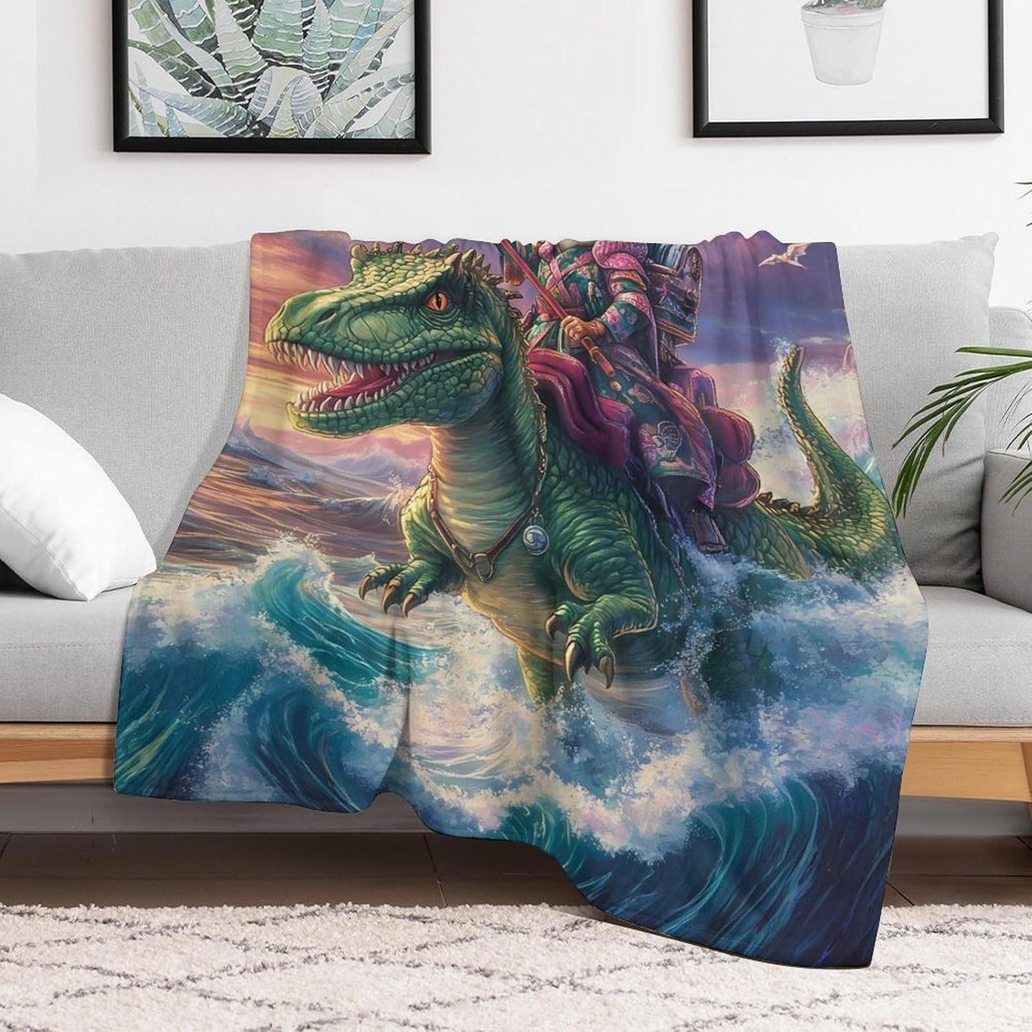 Wave Dinosaur Cat Throw Blanket for Couch Bed Plush Cozy Fuzzy Flannel Blanket for All Season 70"x80"