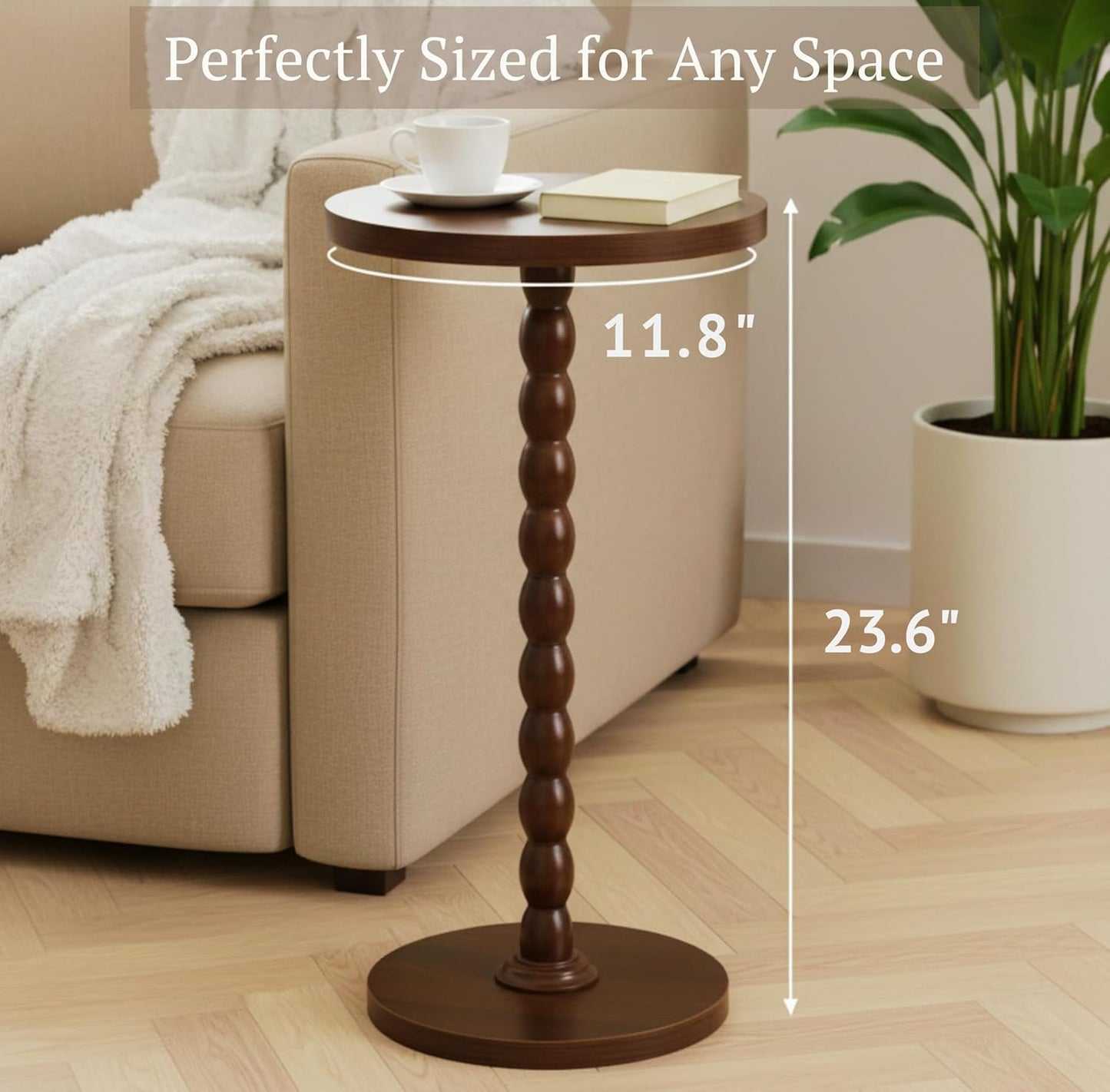 Round Wooden Small Side Table for the Living Room, Modern Pedestal Side Table for Small Spaces, Drinks, Corner, Accent Piece, and Compact Nighstand Bedroom, Tool-Free Assembly Easy, Walnut