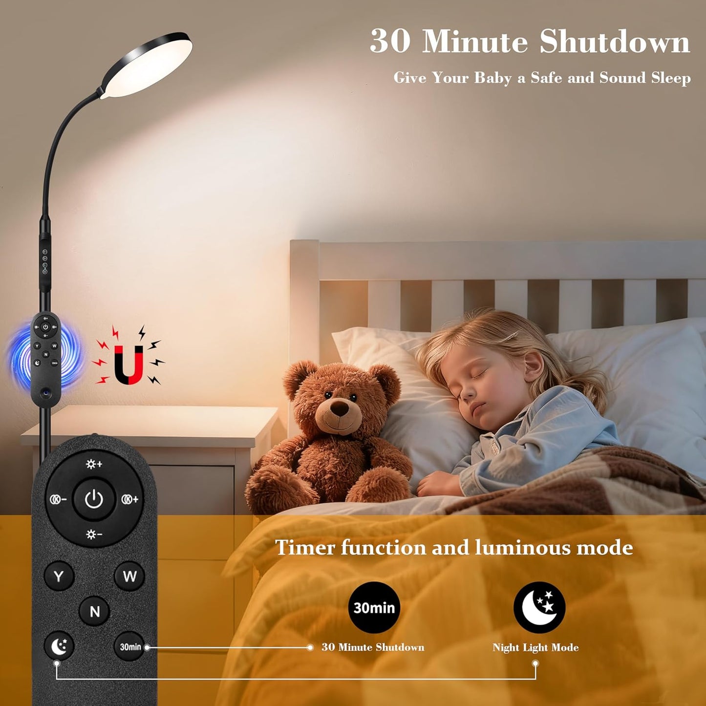 Eye-Caring Full Spectrum LED Floor Lamp, Magnetic Remote & Pole Control, Adjustable Gooseneck Dimmable 3000K-6500K, Stable Base for Living Room Bedroom Office Reading, Black