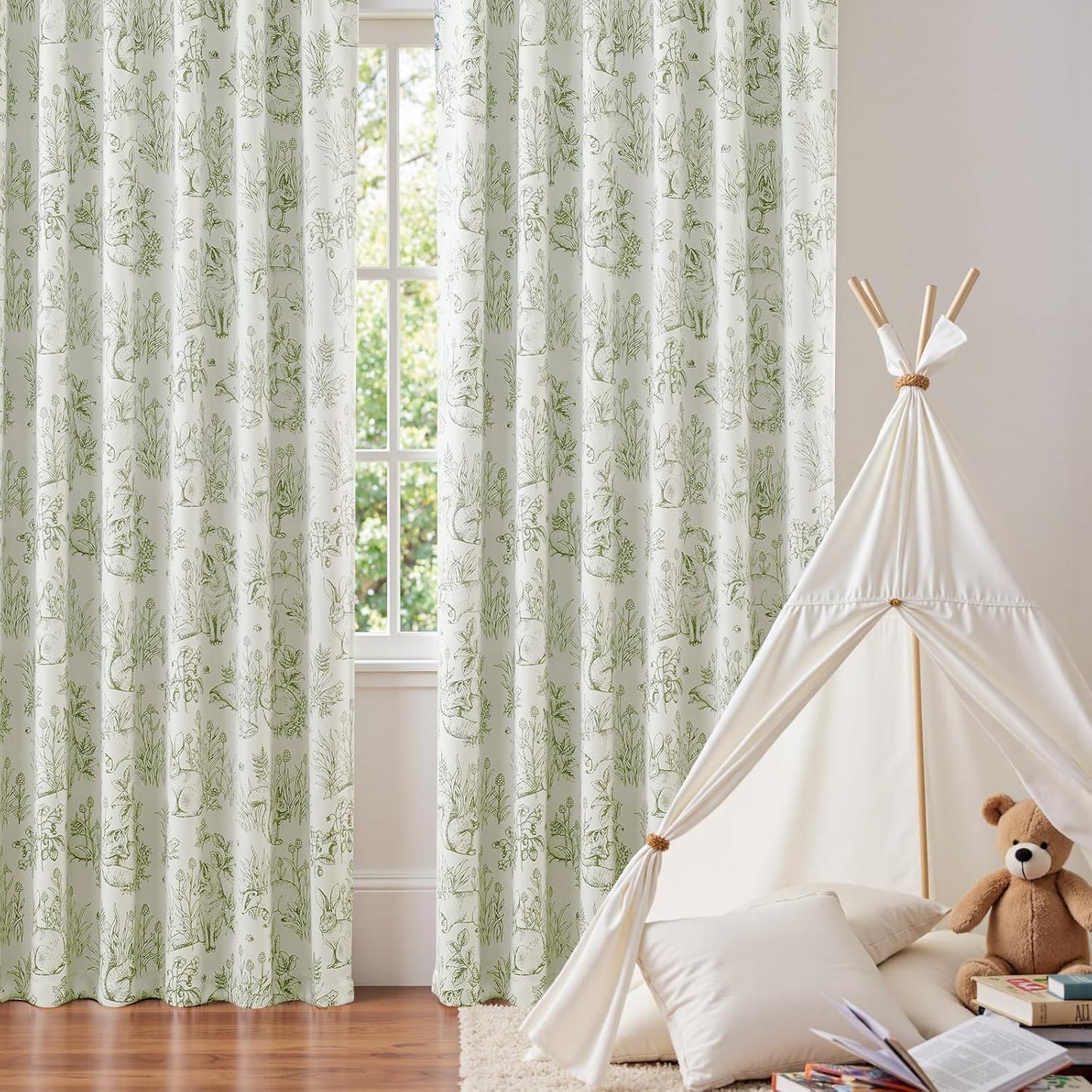 JINCHAN 95% Blackout Nursery Curtains 84 Inches Long, Bunny Woodland Toile Easter Decor Curtains Sage Green on Beige Animal Printed Drapes Bedroom Spring Decoration Farmhouse Window Treatment 2 Panels