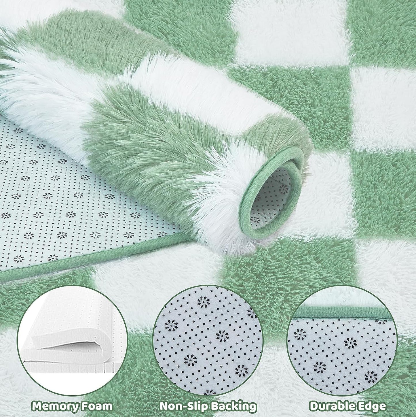 Super Soft Rug, Round Rug for Bedroom, 4X4 Ft Sage Green and White Checkered Round Rug Non-Slip High Pile Cute Soft Fluffy Rug for Living Room Bedroom Kids Room