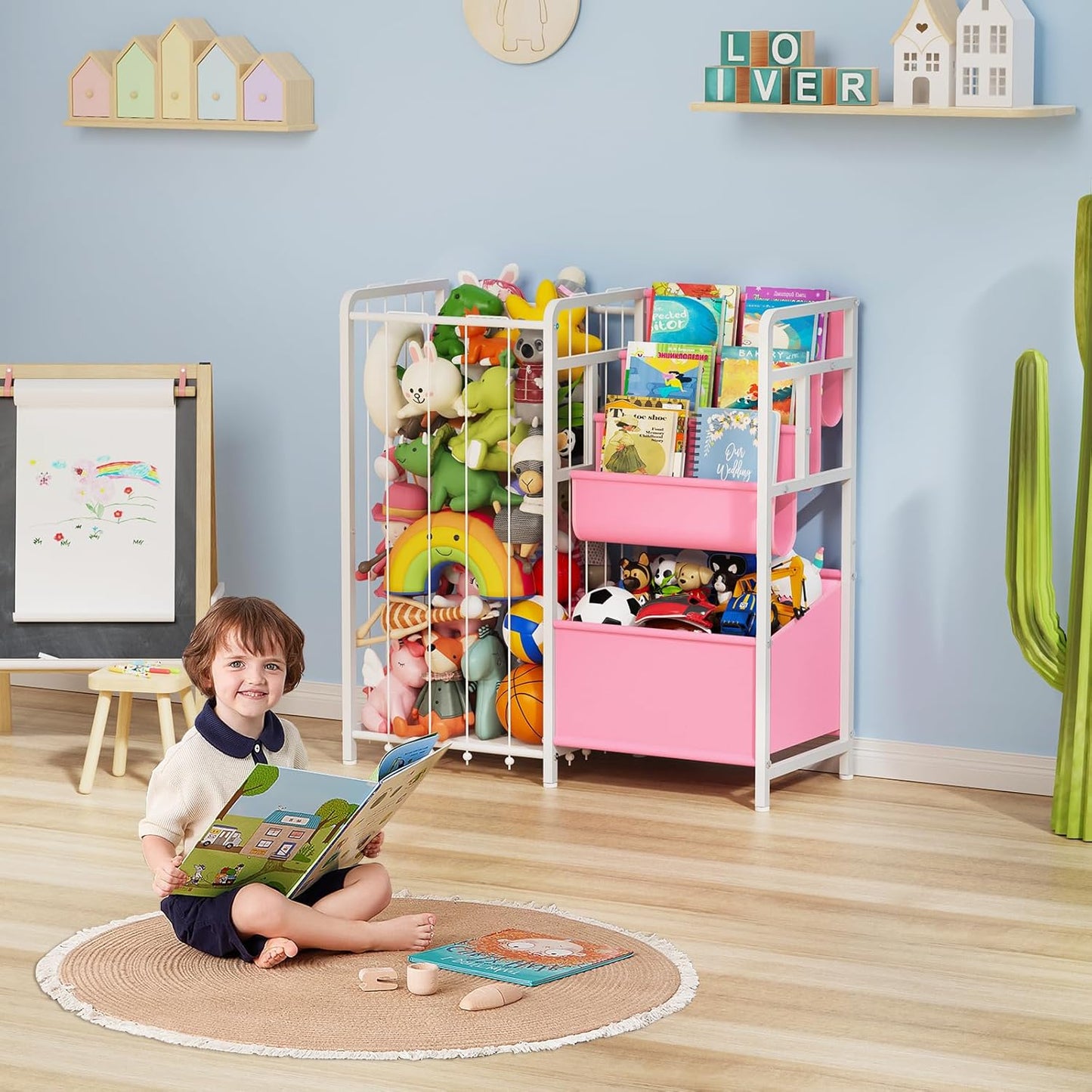 Kids Bookshelf and Toy Storage, 3 Tier Kids Book Shelf for Kid Rooms with Stuffed Animal Storage, Toy Storage Organizer, Stuffed Animals Zoo Storage Cage for Bedroom, Nursery, Playroom